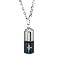 Mens Stainless Steel Pill Cross Necklace Pendant - Black & Silver, 21