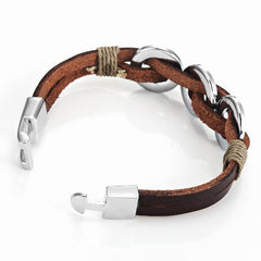 Chic Braided Brown Genuine Leather Bracelet with Stainless Steel Silver 8