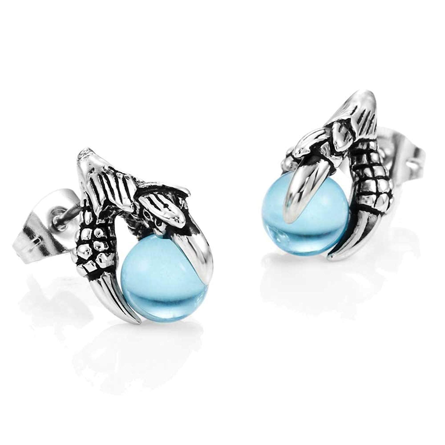 Vintage Dragon Claw Mens Stud Earrings Stainless Steel, Color Silver Blue