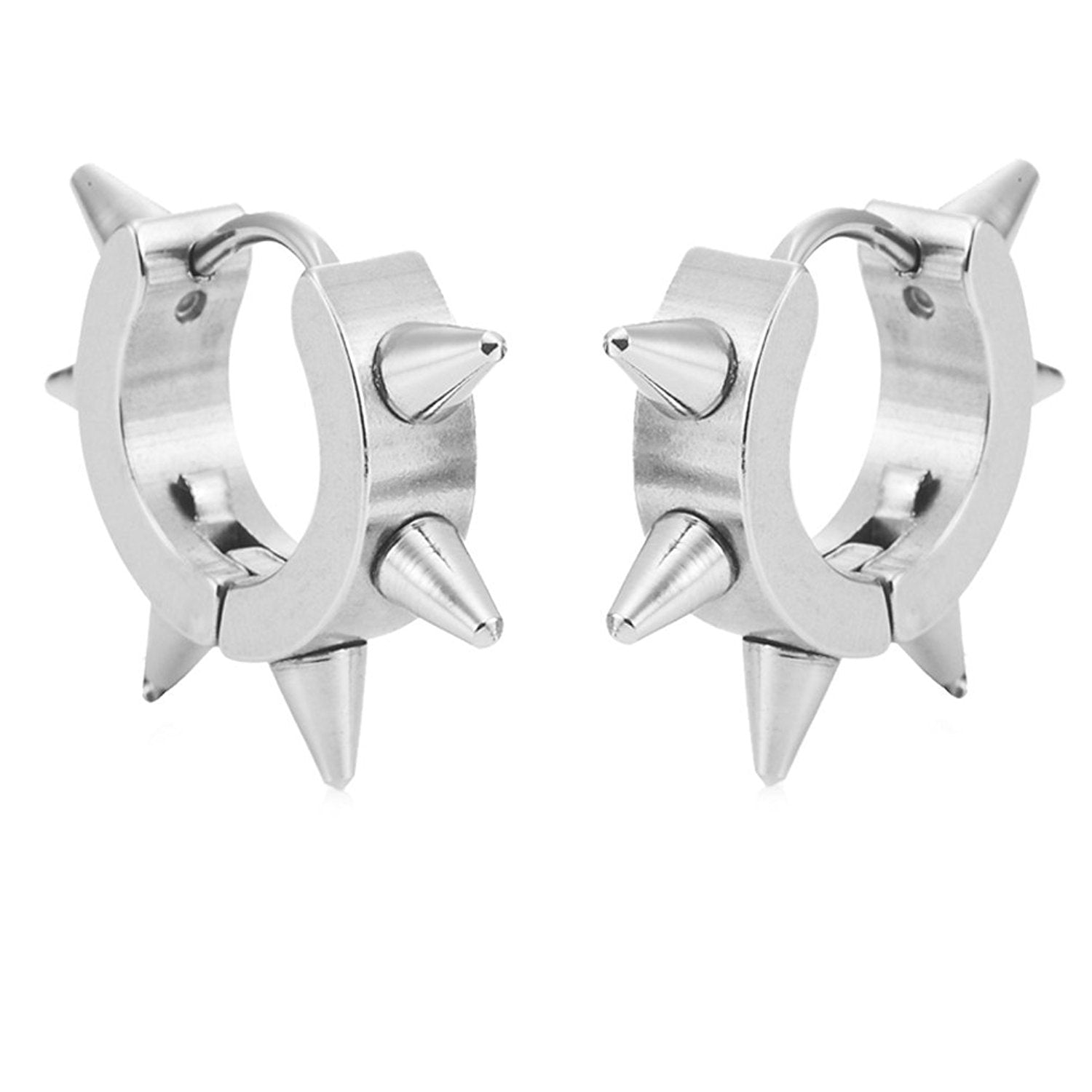 Cool Stainless Steel Men's Spike Punk Huggie Hoop Earrings (10mm, Silver)