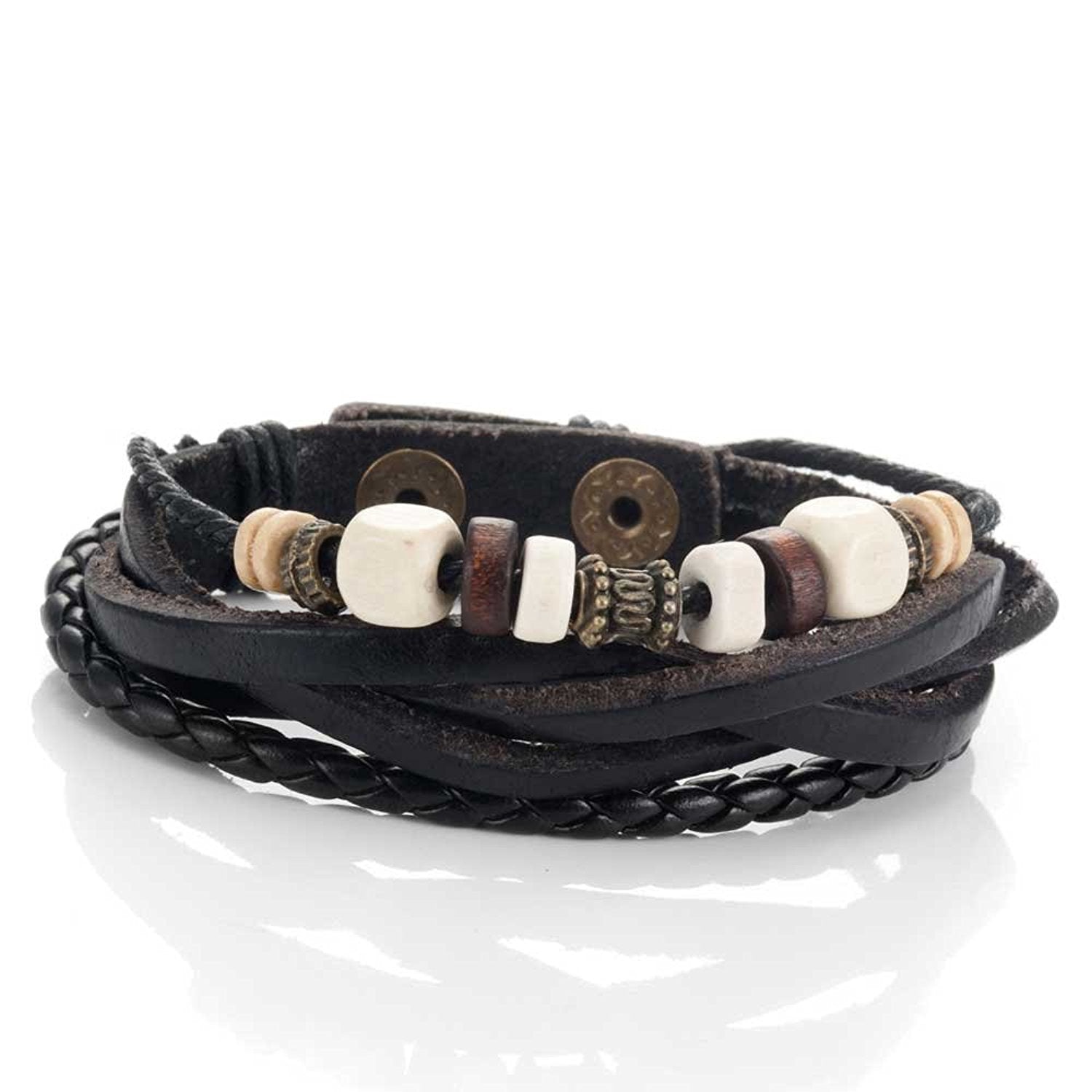 Urban Jewelry Leather Vintage Earth Brown and Blond Beaded Bracelet, 8.5"