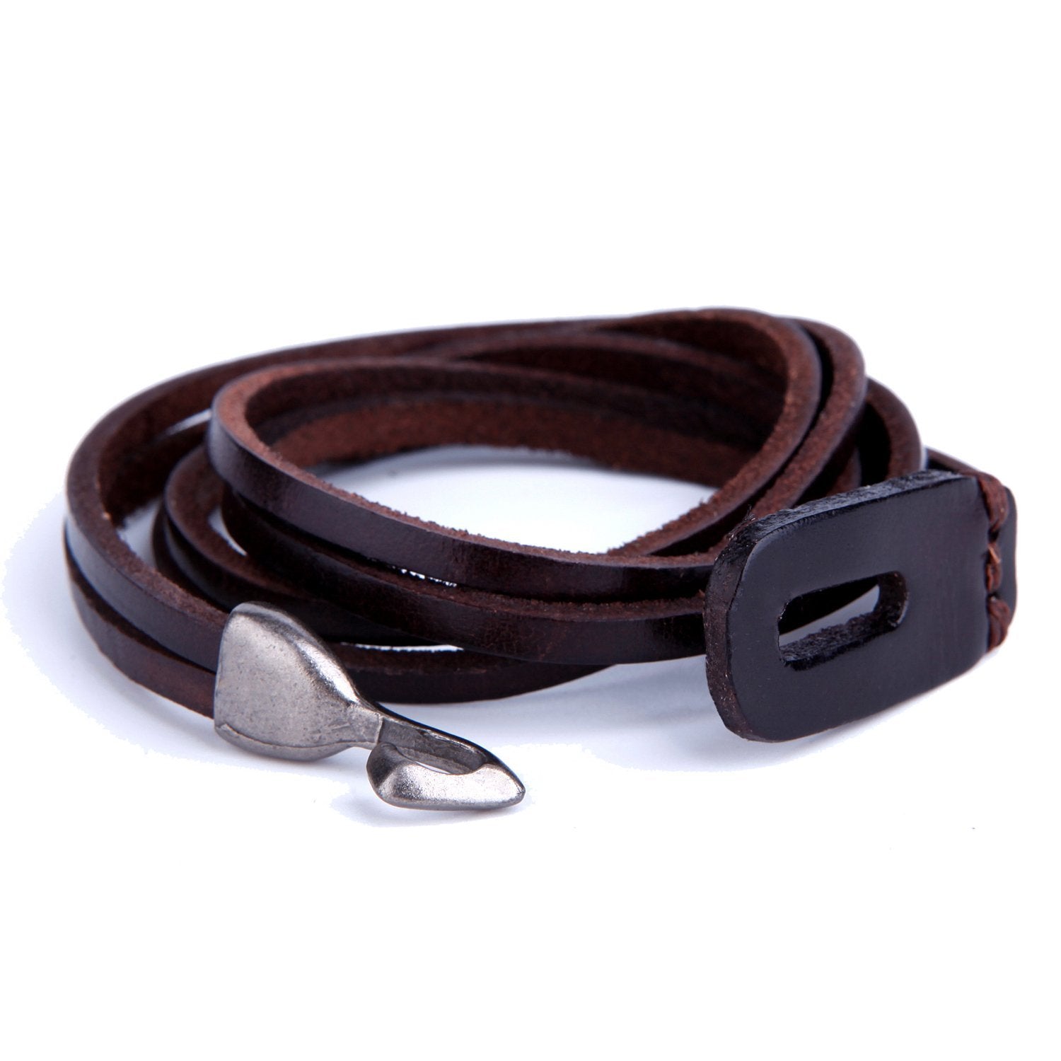 Urban Jewelry Deep Coffee Leather Wrap Cuff Men's Genuine Bracelet with Metal Hook Clasp (Brown)