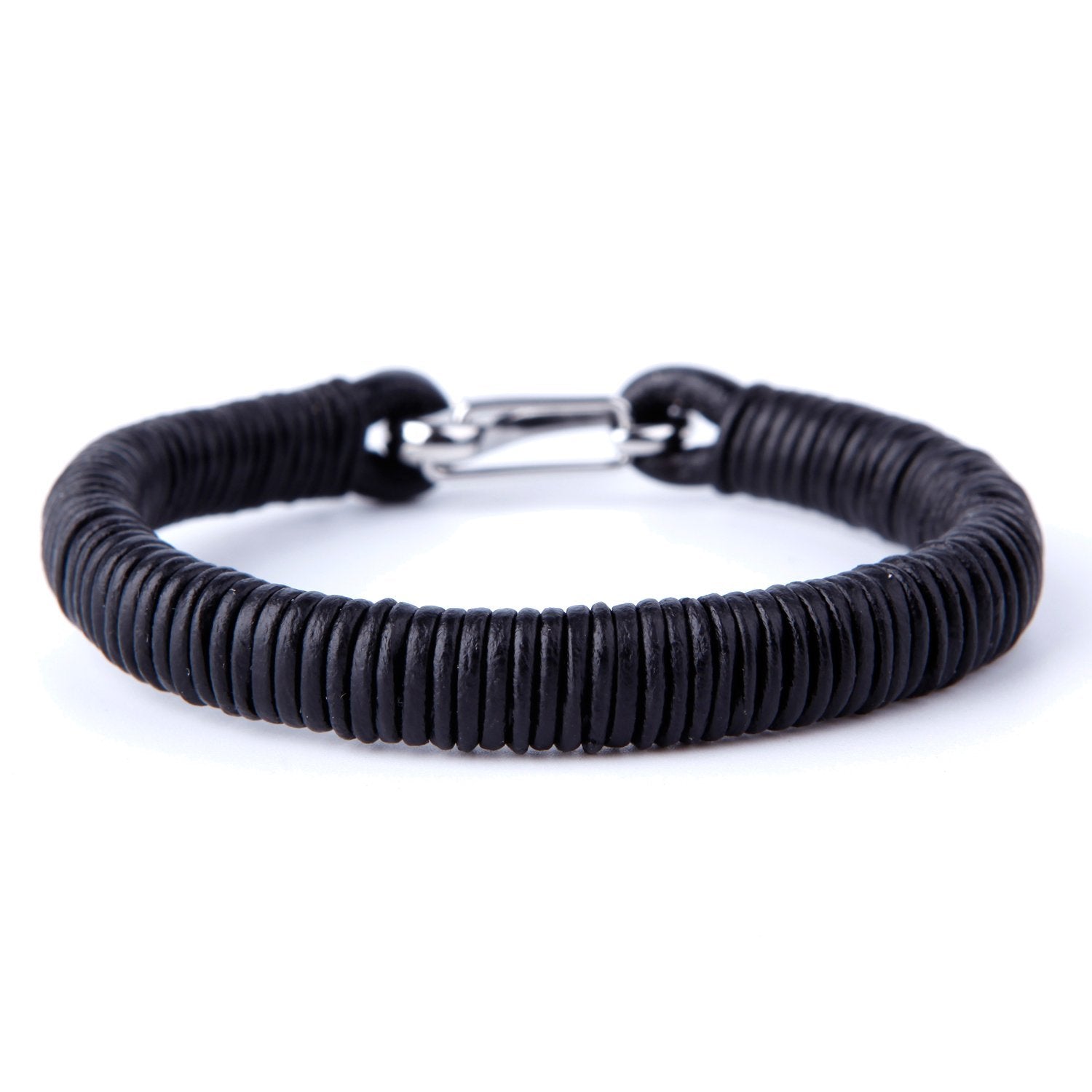 Urban Jewelry Impressive Men's Black Cord Loops Genuine Leather Cuff Bracelet with Stainless Steel Clasp