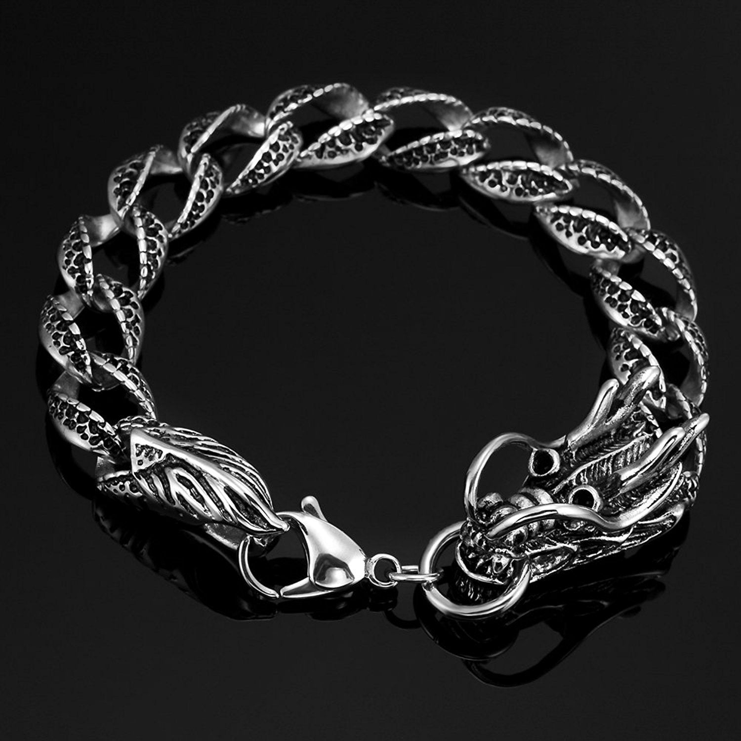 Vintage Style Dragon Link Stainless Steel Men Bracelet 8.2 Inch (Silver, Black)