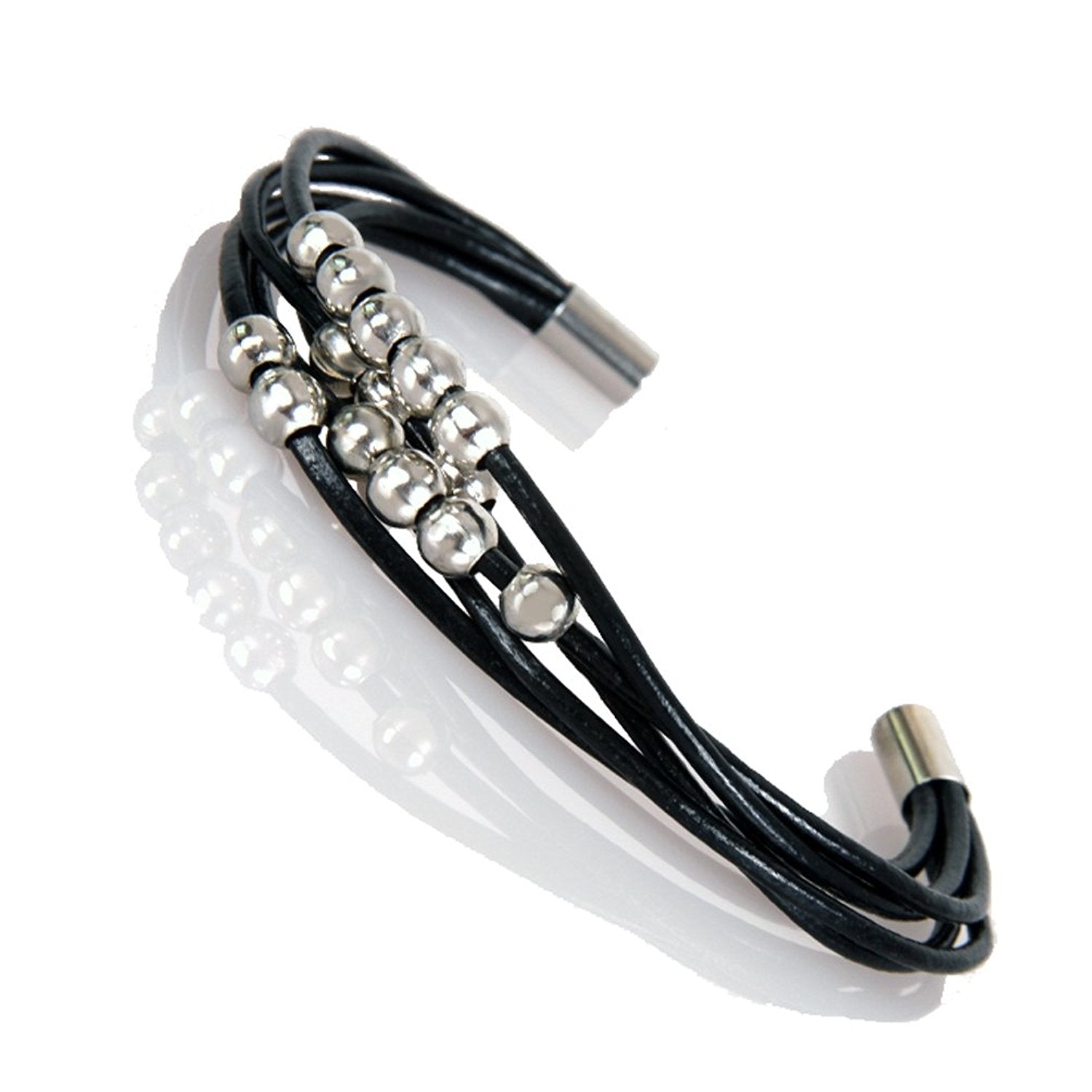 Eye Catching Women Leather Bracelet Silver Color Beads Cuff Jewelry with Magnetic Clasp 7.5" (Black)