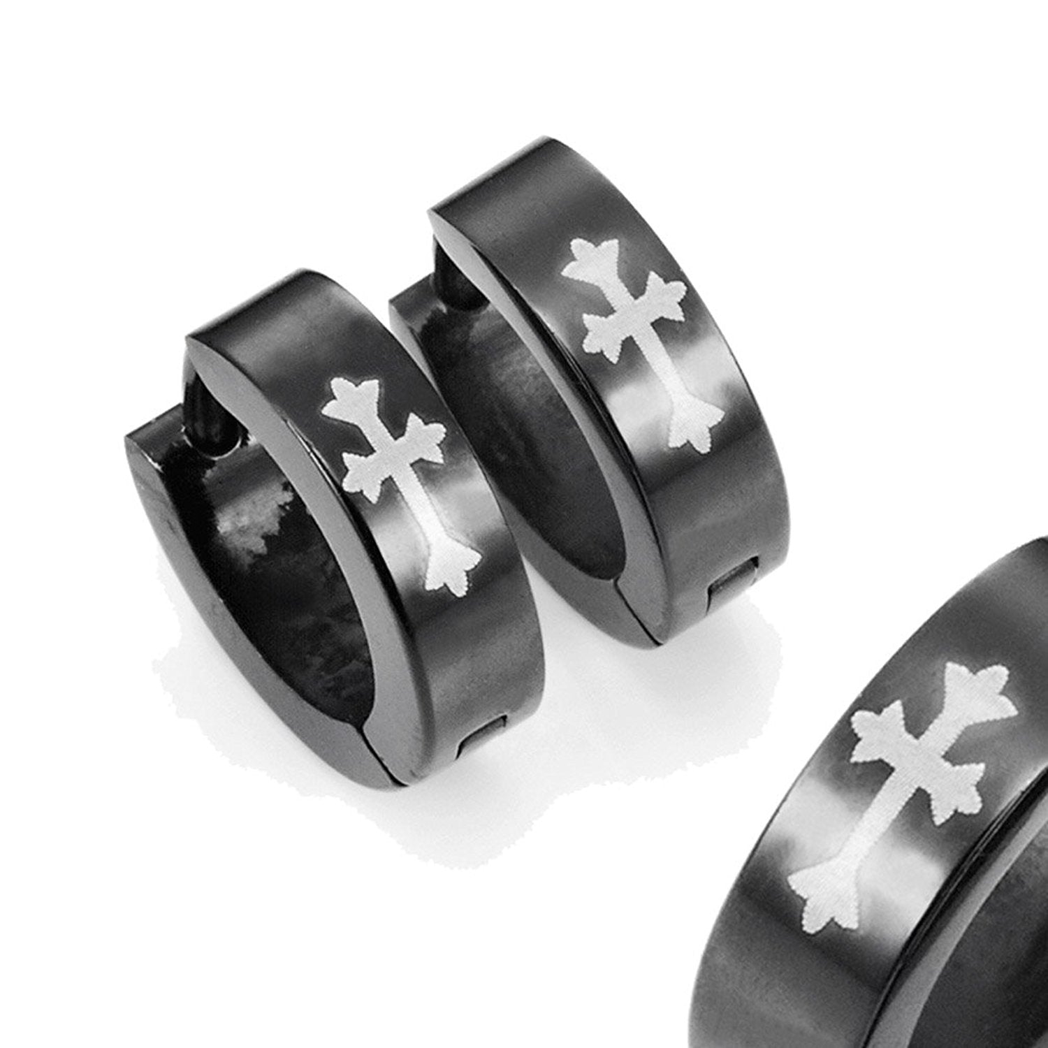 Stainless Steel Cross Design Huggie Hoop Earrings - Various Designs, Black, 10mm (With Branded Gift Box)