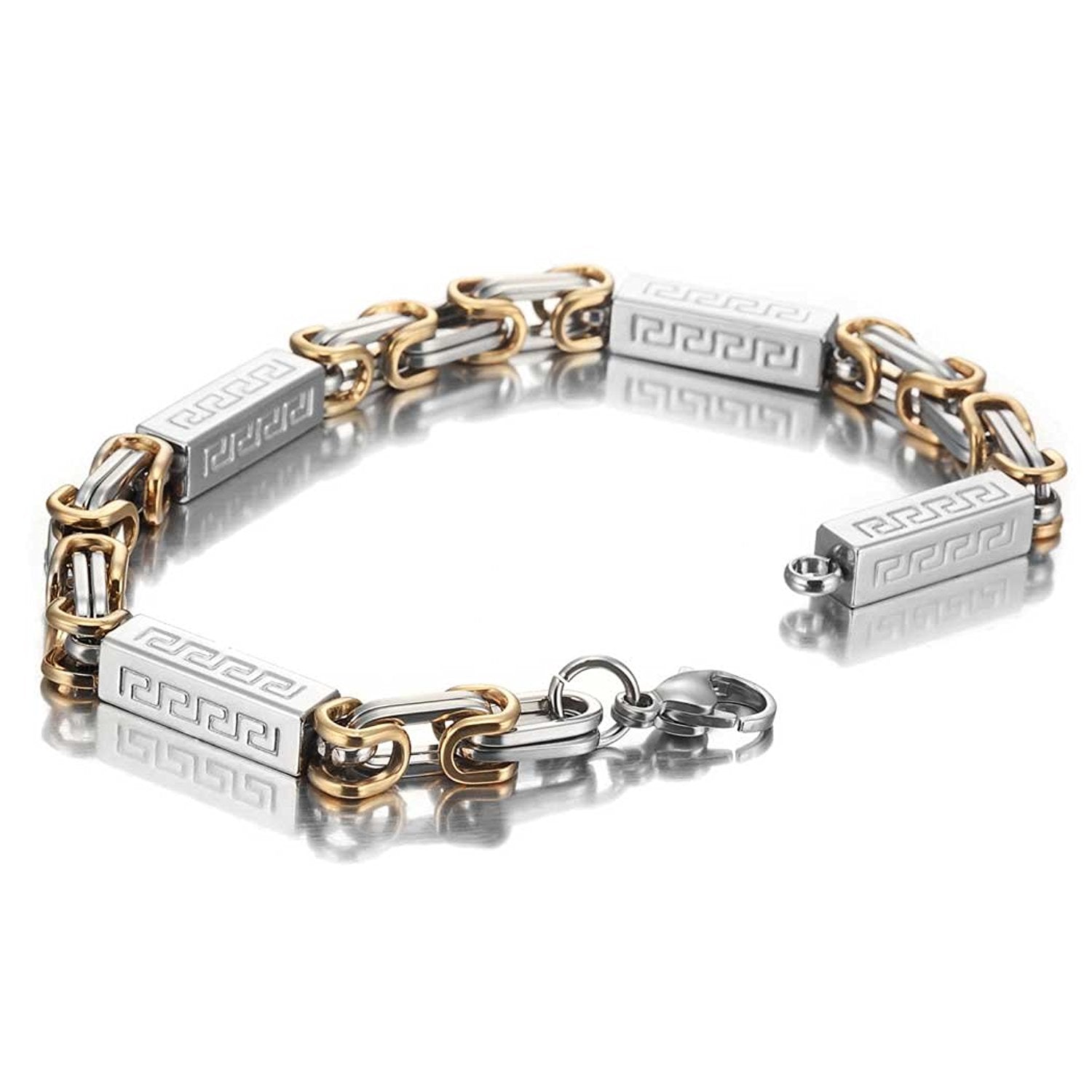 Impressive Men's Stainless Steel Bracelet Byzantine Chain, Gold Silver, 9 Inch (With Branded Gift Box)