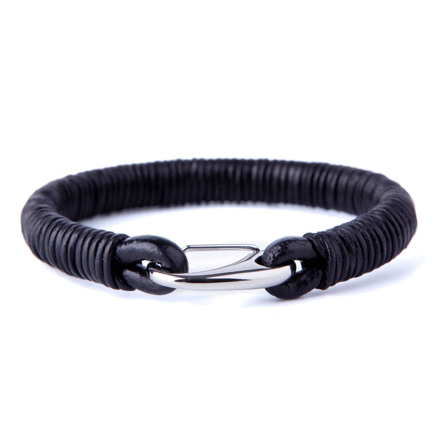 Urban Jewelry Impressive Men's Black Cord Loops Genuine Leather Cuff Bracelet with Stainless Steel Clasp