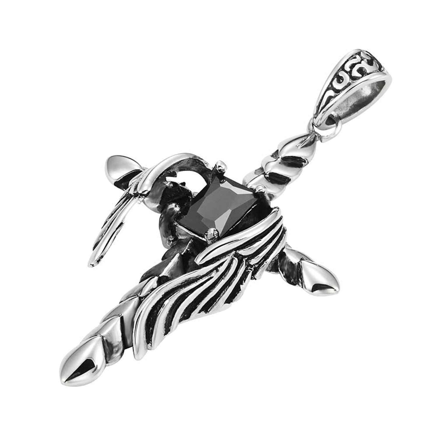 Vintage Royalty Cross Stainless Steel Black Cubic Zirconia Necklace Pendant (Silver, 21 inch Chain)