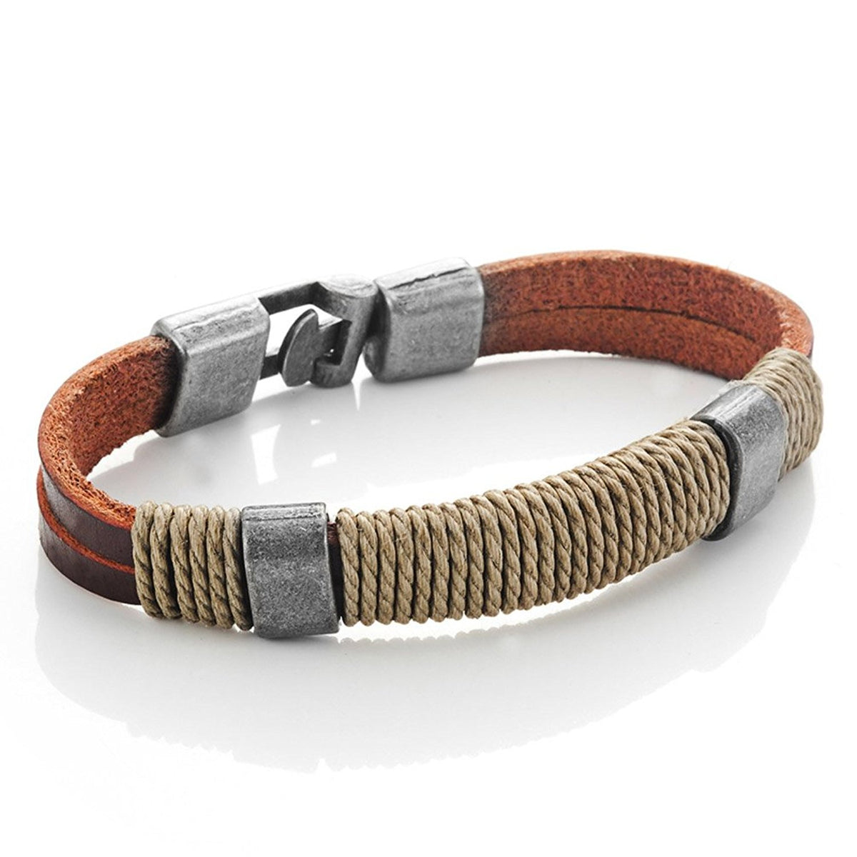 Dark Brown Leather Wound-around Nature Thread Bracelet for Him and Her, Unisex, Leather, 8"