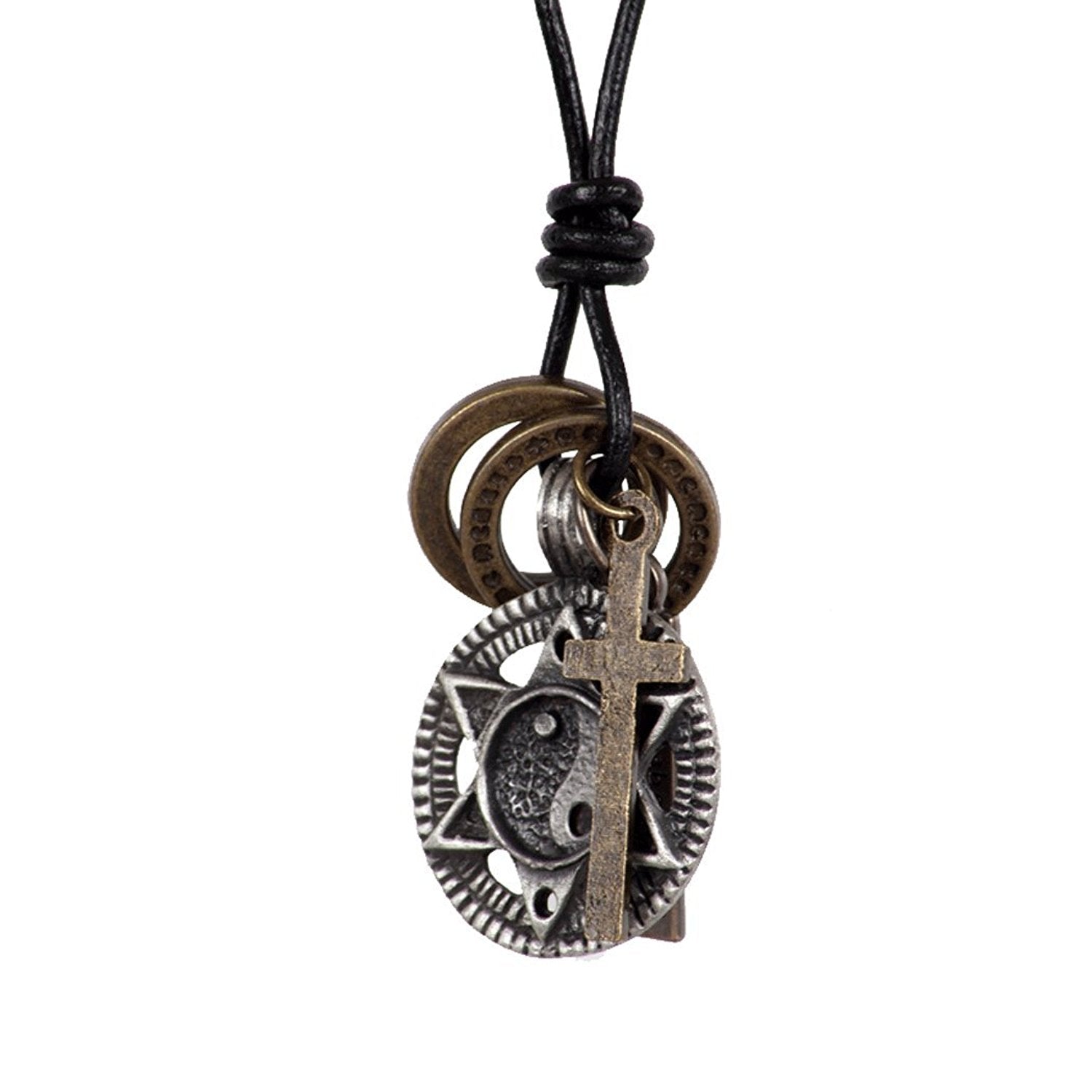 Vintage Cross Necklace Yin Yang Rings Pendant with 28" Resizable Leather Chain for Mens