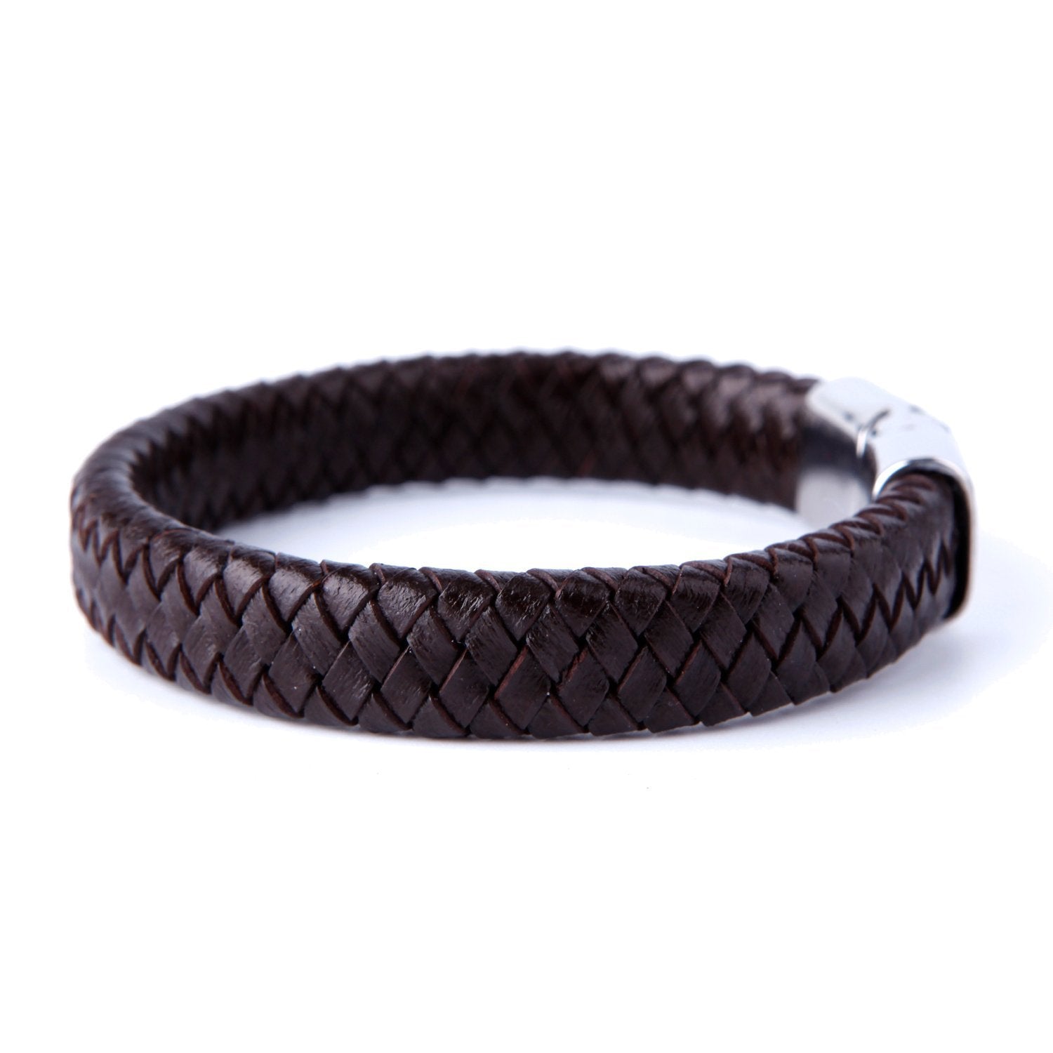 Urban Jewelry Men's Deep Brown Braided Genuine Leather Cuff Bracelet with Elegant 316L Stainless Steel Clasp