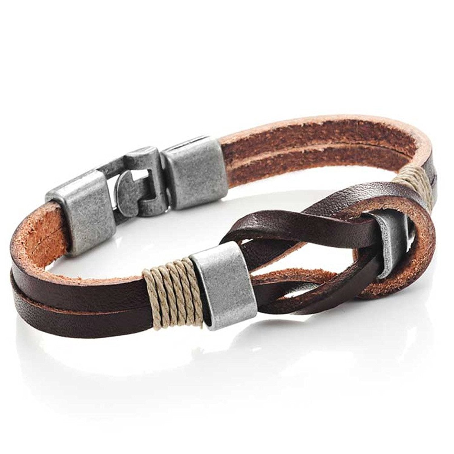 Urban Jewelry Leather Nautical Knot Bracelet for Him and Her 8 inch (Secure New Clasp)