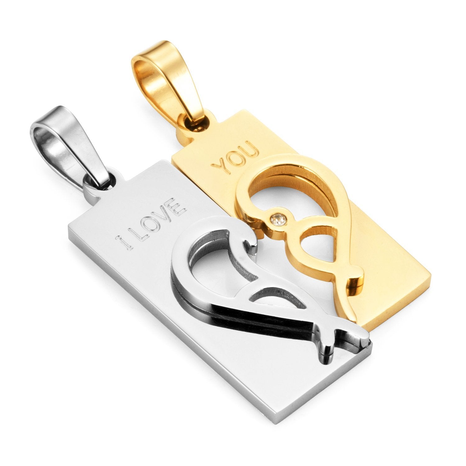 Urban Jewelry 2pcs His & Hers Abstract "I Love You" Heart Couples Jewelry CZ Pendant Necklace Set with 19" & 21" Chains