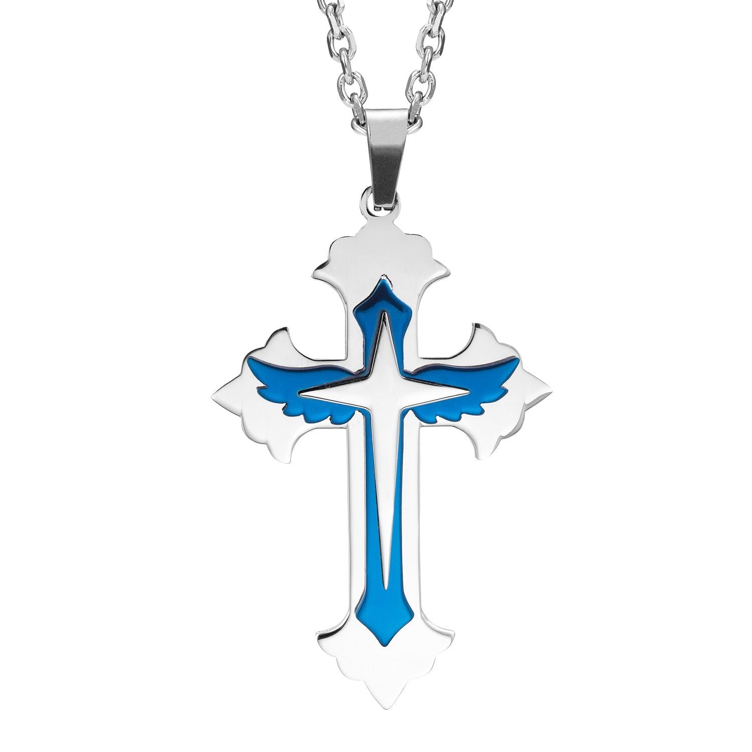 Urban Jewelry Powerful Mens Stainless Steel Cross Necklace Pendant - Blue & Silver, 21" Inches Chain