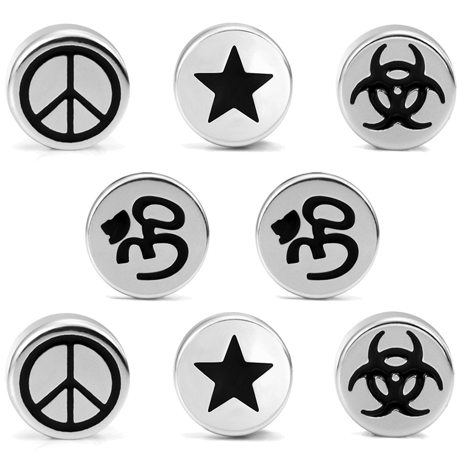 Mens 4 Pairs Stainless Steel Barbell Stud Earrings Set with Om, Radioactive, Peace Sign and Star Designs