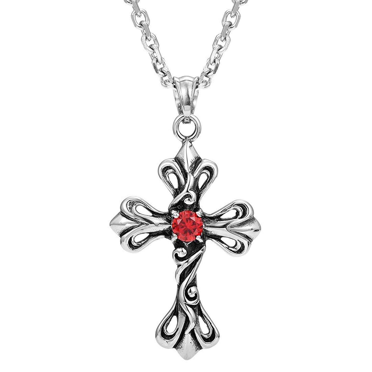 Urban Jewelry Vintage Royalty Celtic Shield Cross Necklace Cubic Zirconia Pendant (Silver Red)