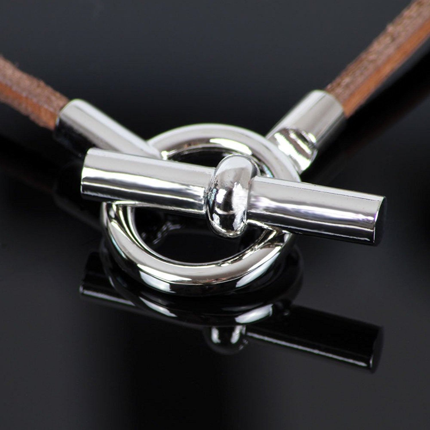 Unique Genuine Leather Cord and Stainless Steel Necklace Women Chain (Walnut Brown)
