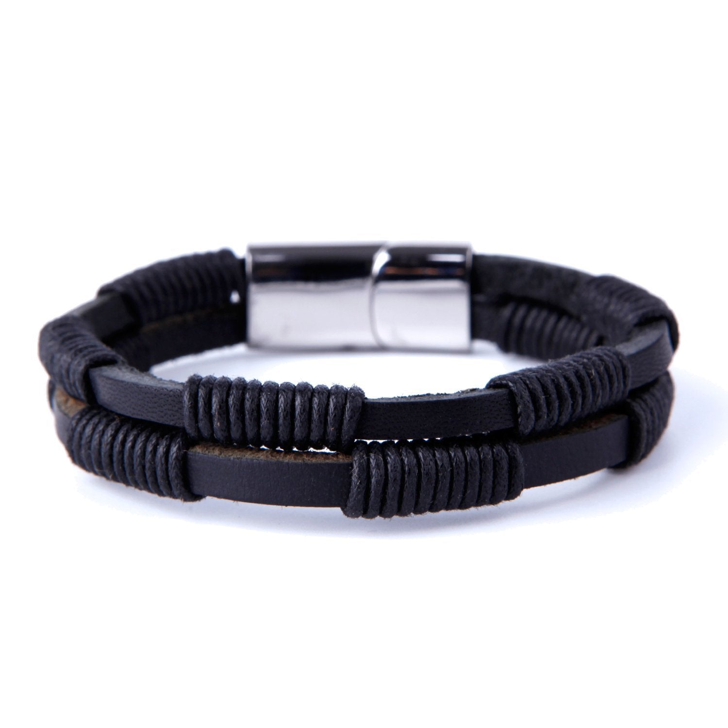 Urban Jewelry Unique Men's Coal Black Cuff Genuine Leather Bracelet with Stainless Steel Clasp