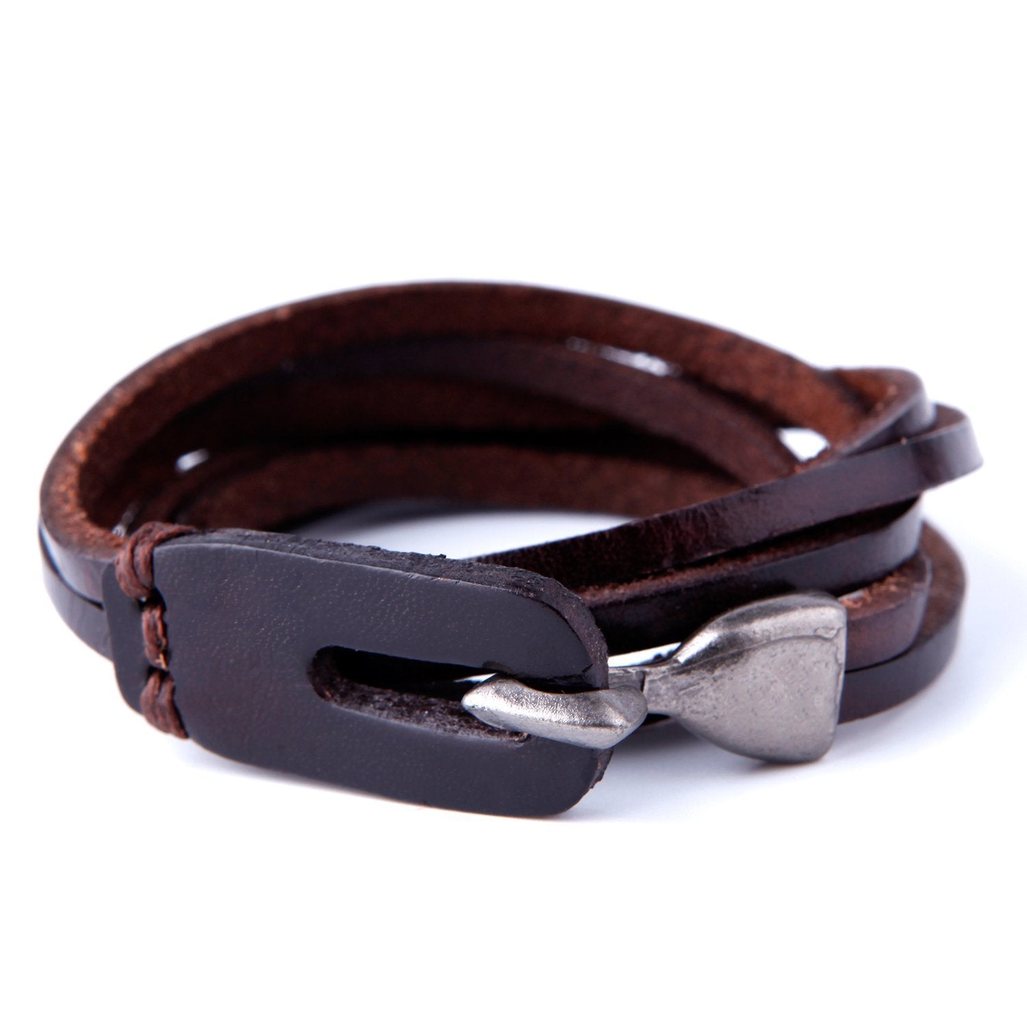 Urban Jewelry Deep Coffee Leather Wrap Cuff Men's Genuine Bracelet with Metal Hook Clasp (Brown)