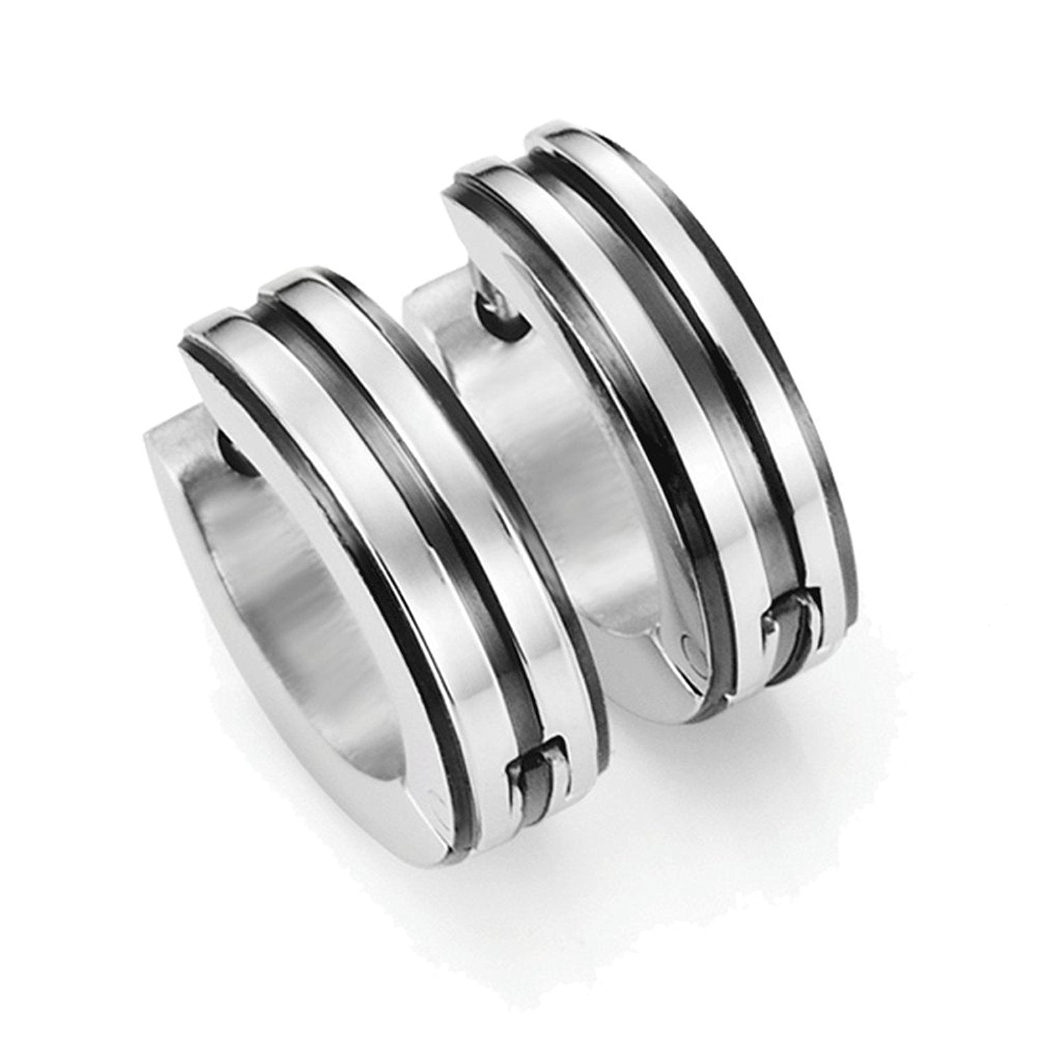 Men's 316L Stainless Steel Two Tone Hoop Huggie Earrings with Black IP 10mm