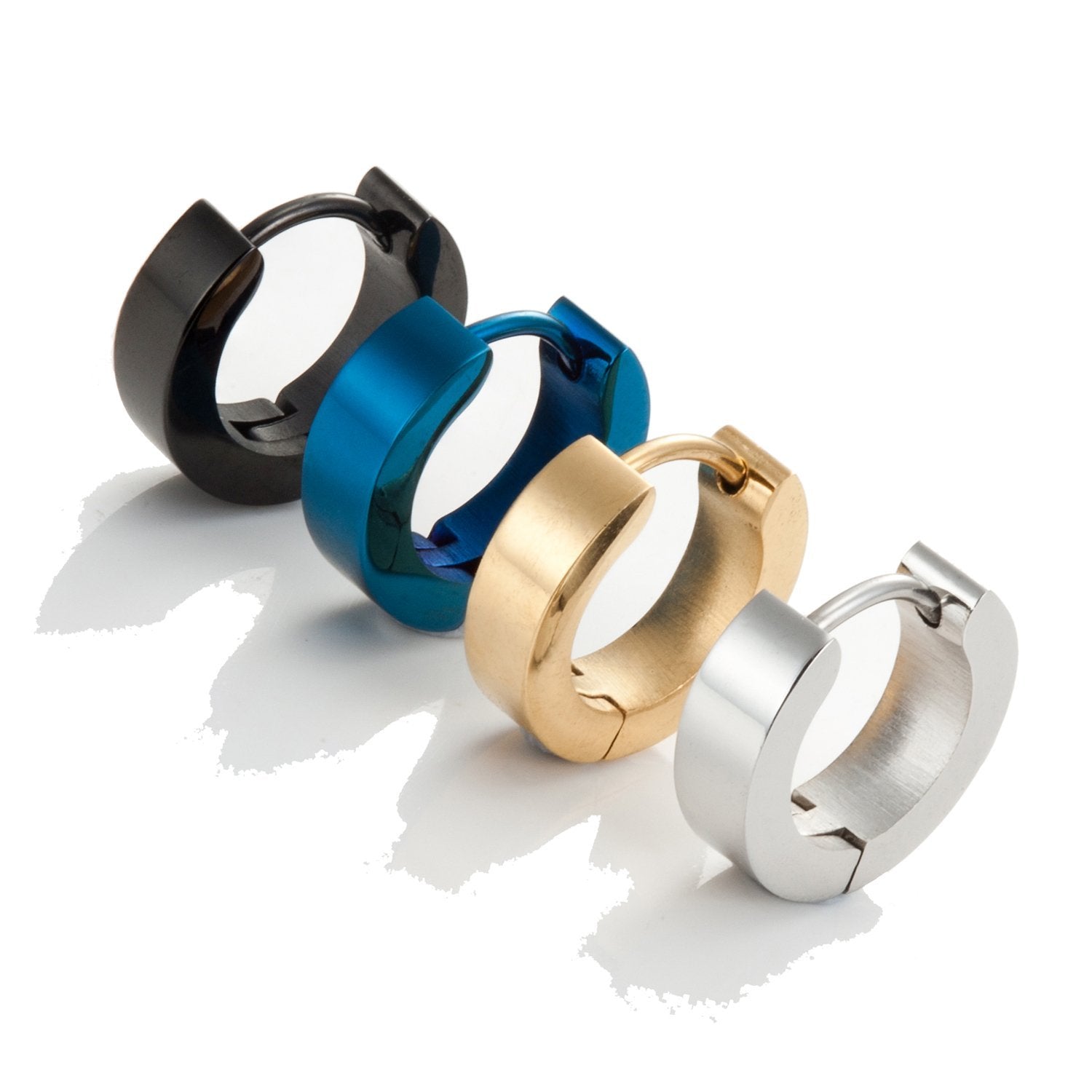 4 Pairs Set of Men's Stainless Steel Classic Huggie Hinged Hoop Earrings