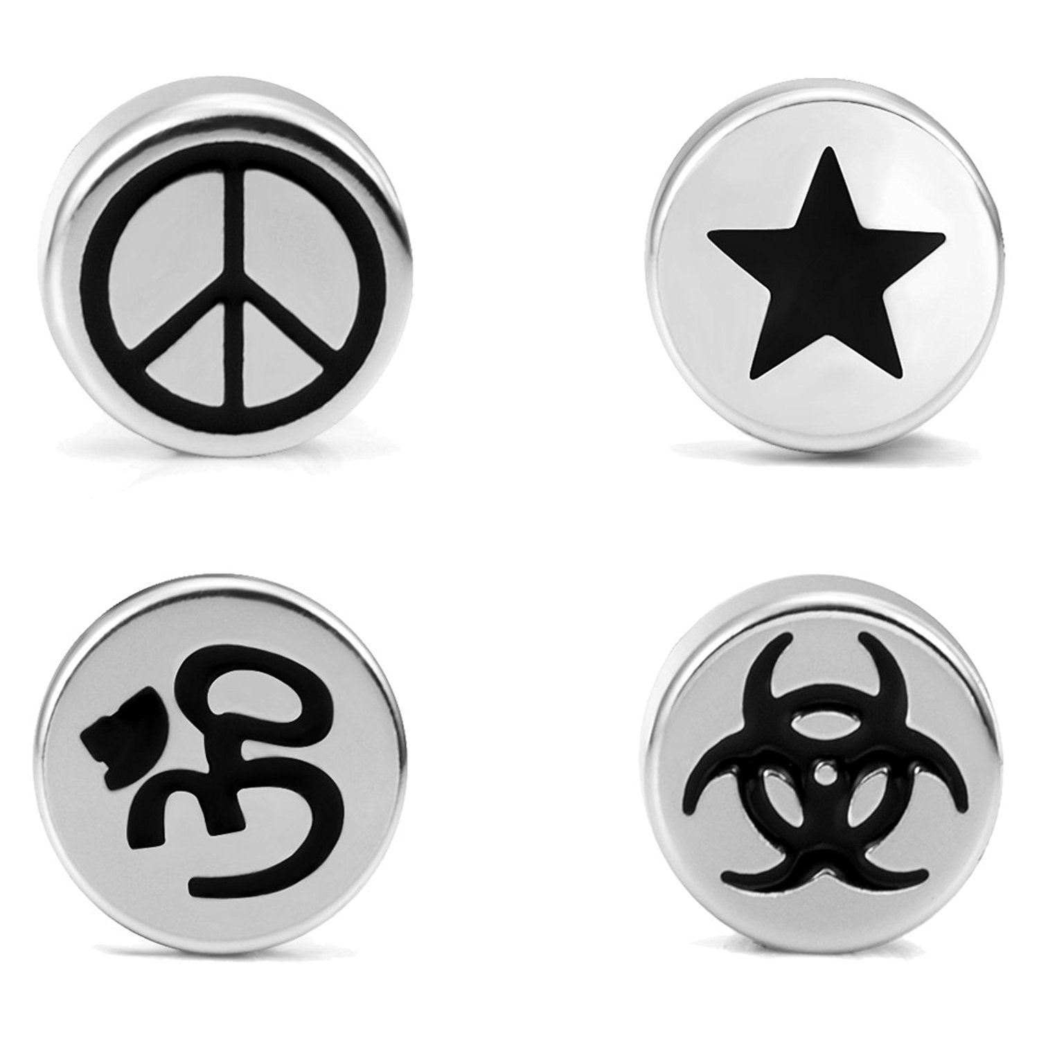 Mens 4 Pairs Stainless Steel Barbell Stud Earrings Set with Om, Radioactive, Peace Sign and Star Designs