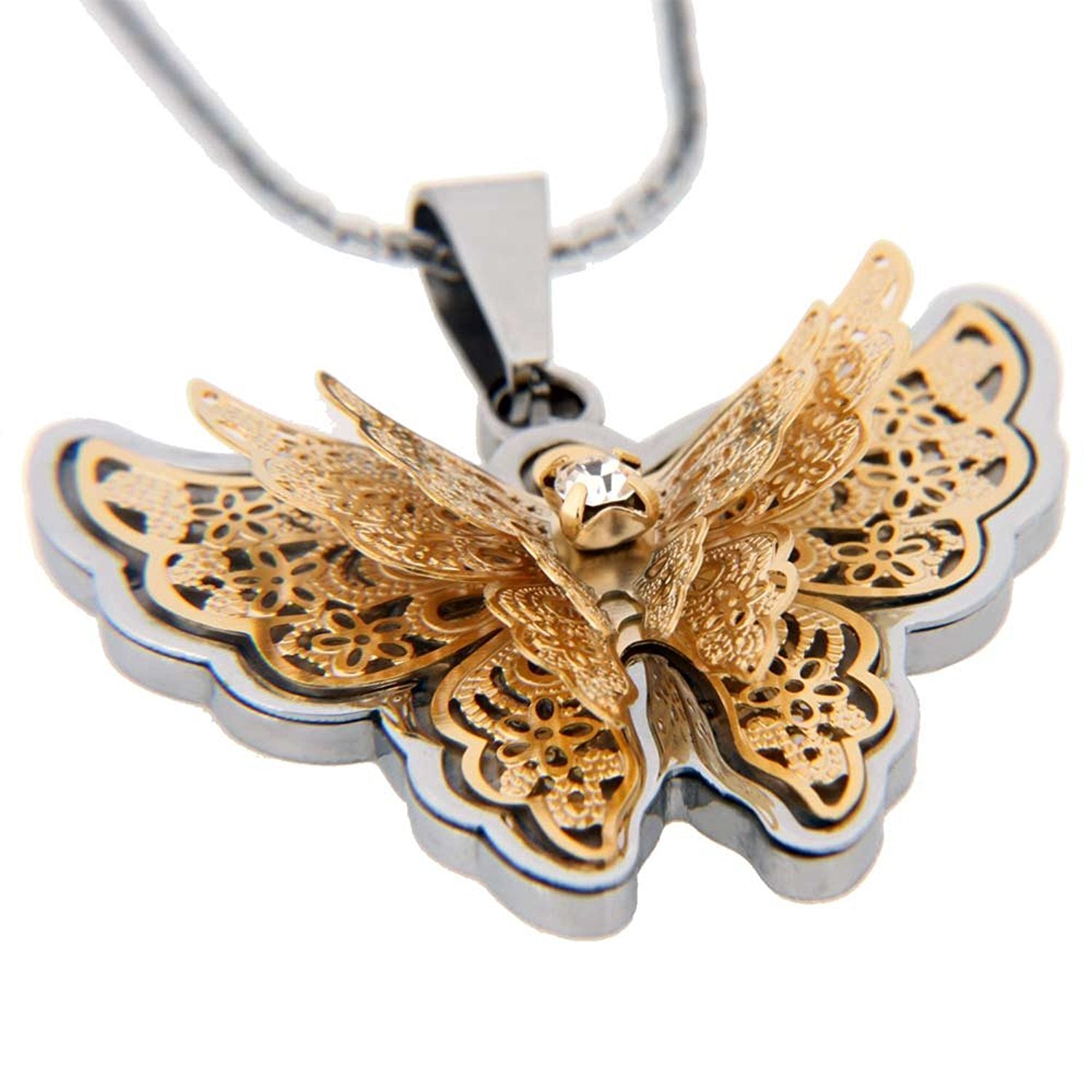 Amazing Butterfly Pendant Cubic Zirconia Stainless Steel Chain Necklace 20" Womens Jewelry
