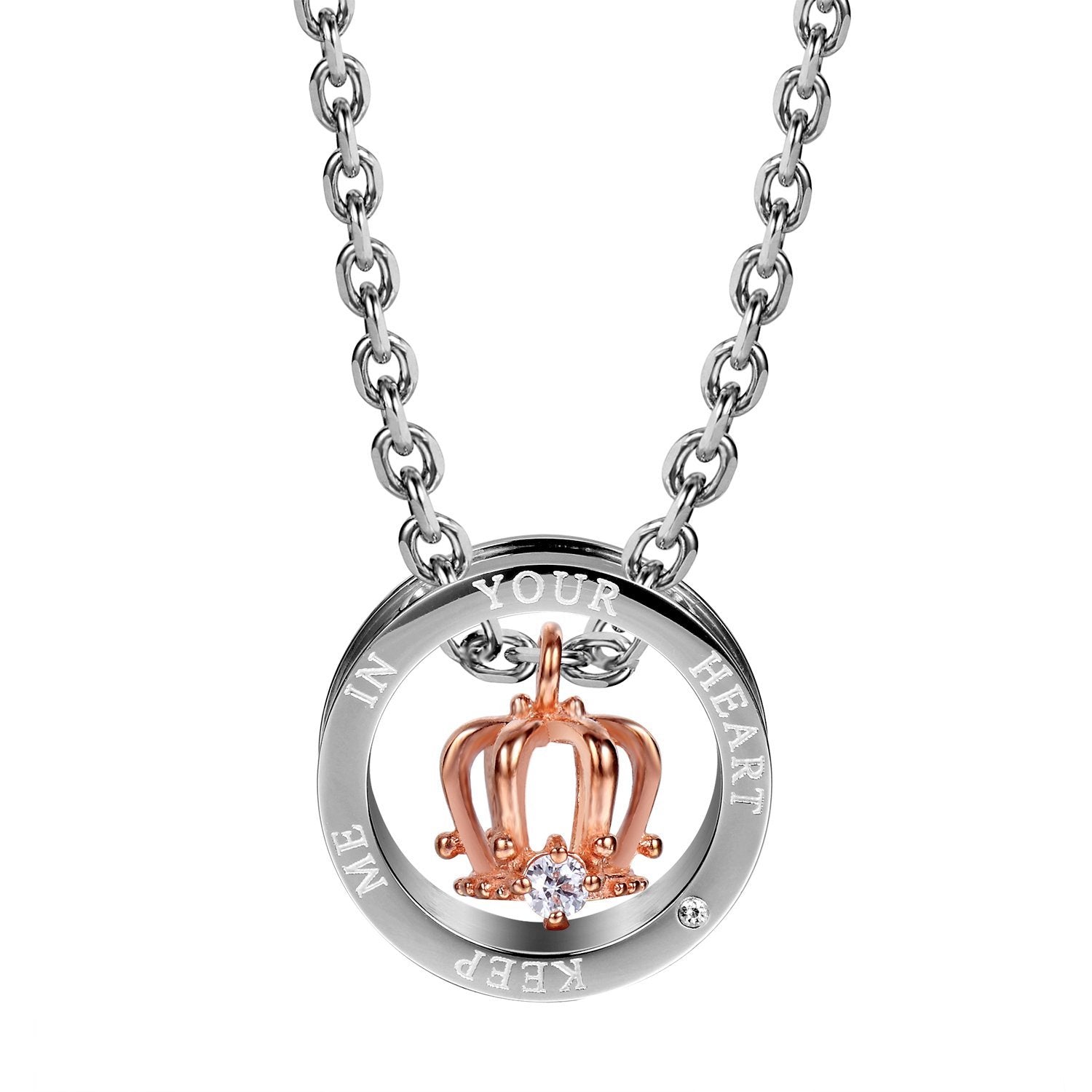Royal His & Hers Couples Crown Ring Pendant Love Necklace Set, 19 & 21" Chains (Silver, Black, Rose Gold)