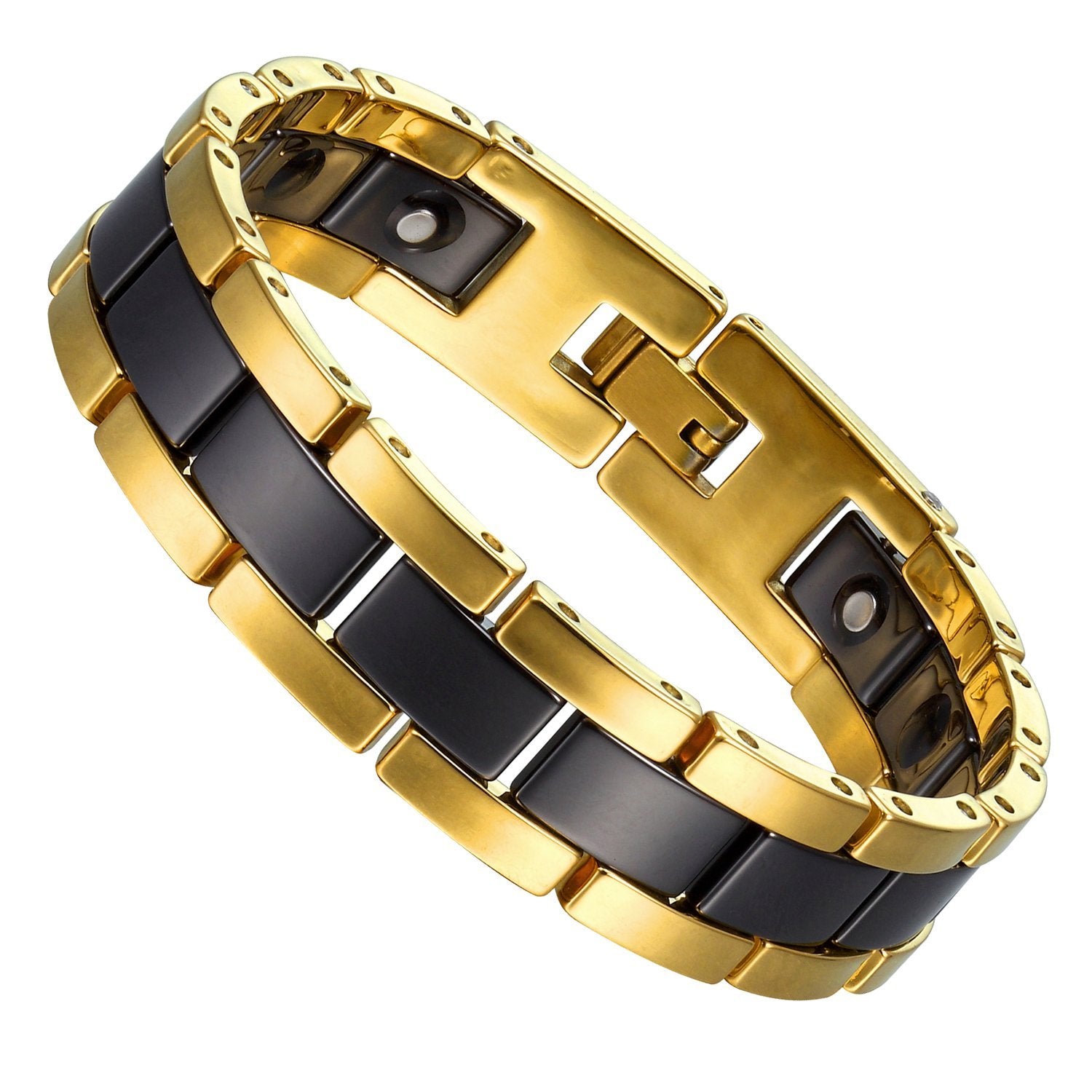 Impressive Two-Tone Tungsten, Ceramic & Magnets Link Bracelet for Men (Gold, Black)