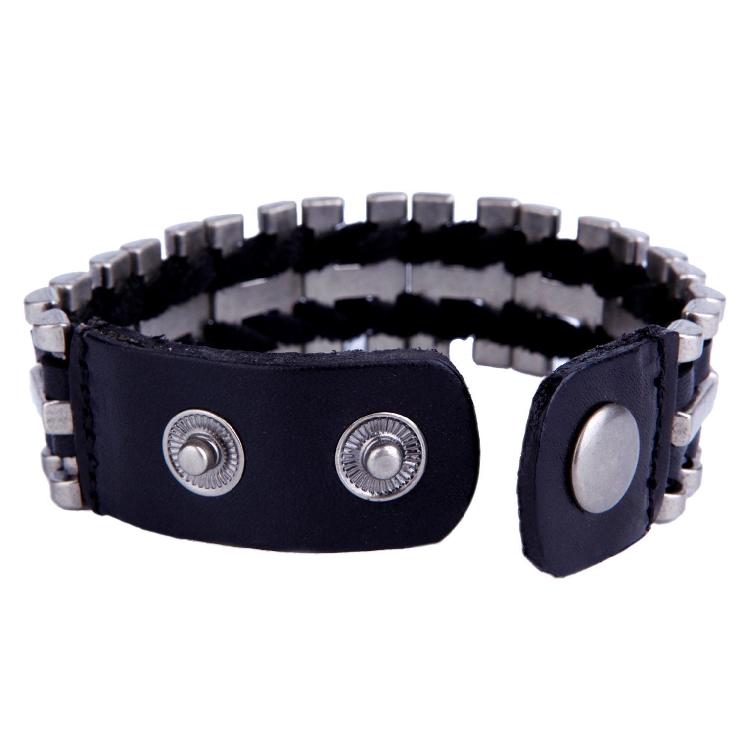 Urban Jewelry Unusual Genuine Leather & Metal Cuff Men's Bracelet by (Black, Silver)