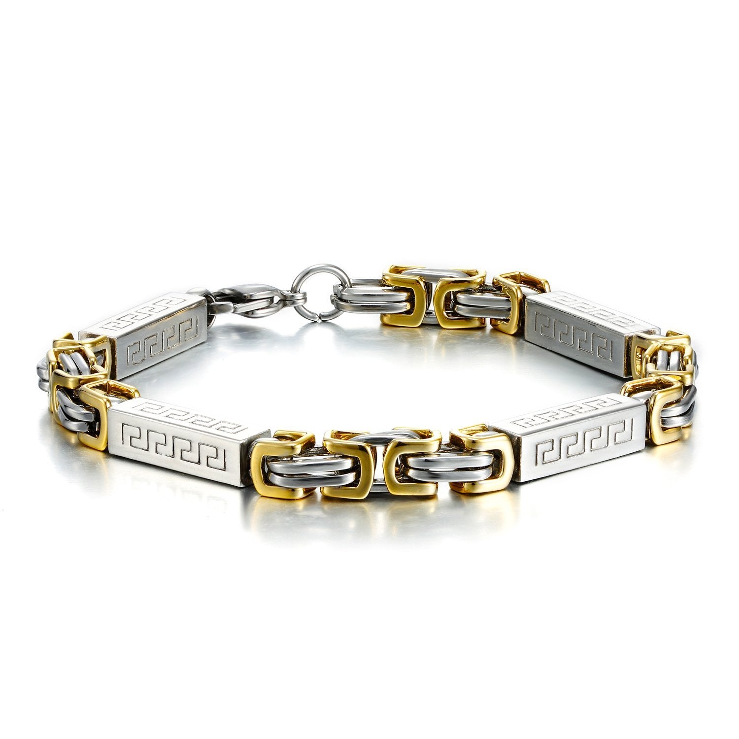 Impressive Men's Stainless Steel Bracelet Byzantine Chain, Gold Silver, 9 Inch (With Branded Gift Box)
