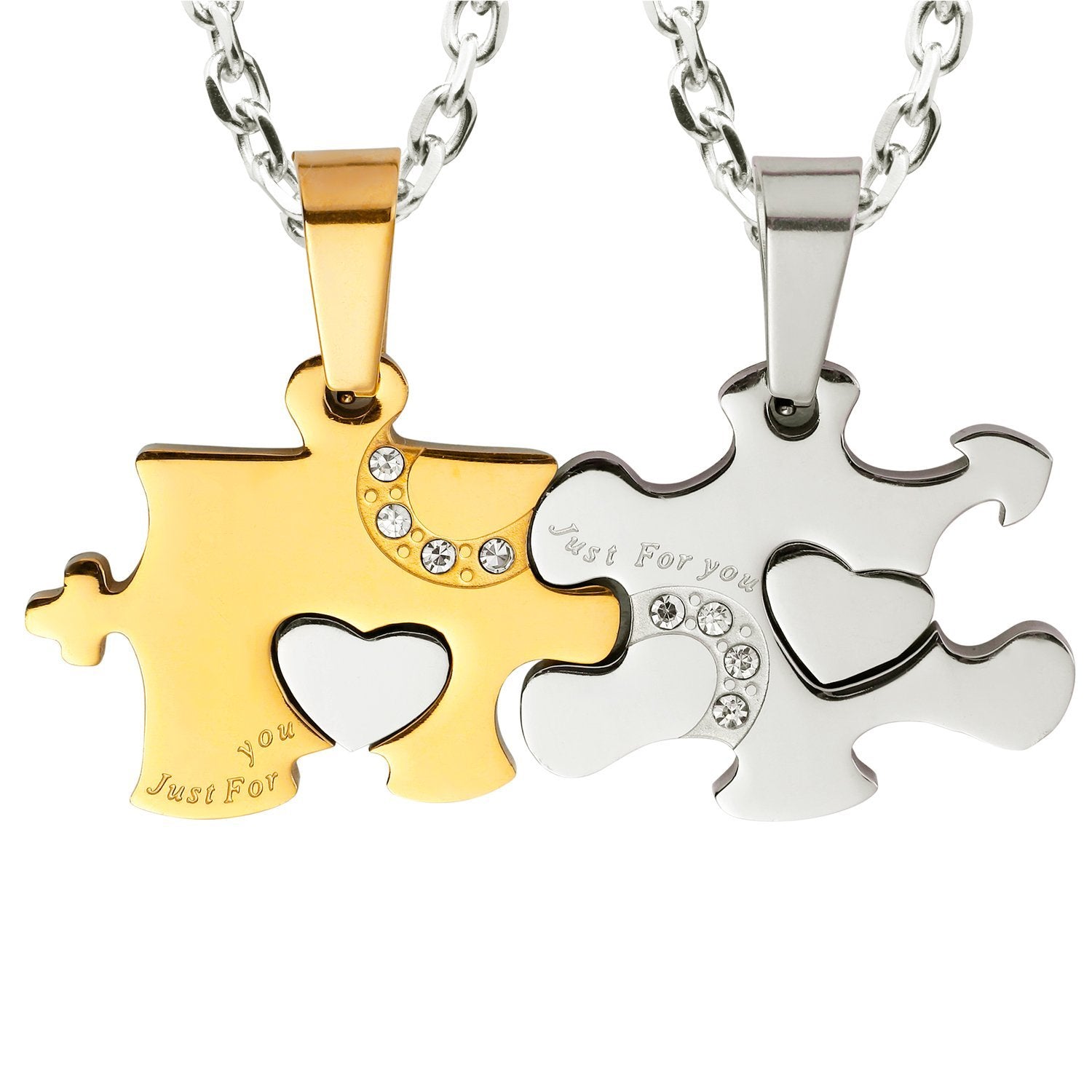 Urban Jewelry Just for You 2pcs His & Hers Puzzle Heart Couples Crystal Pendant Necklace Set with 19" & 21" Chains