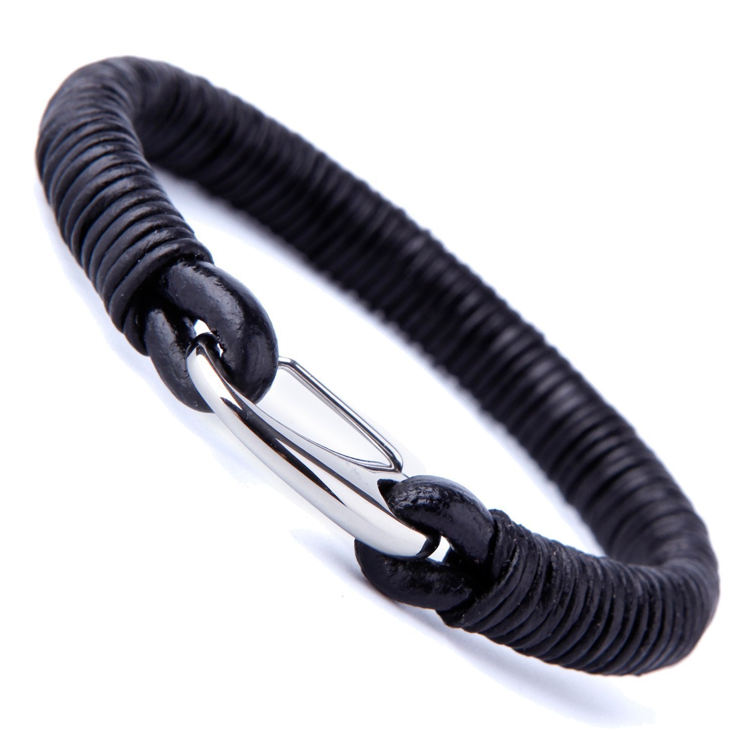 Urban Jewelry Impressive Men's Black Cord Loops Genuine Leather Cuff Bracelet with Stainless Steel Clasp