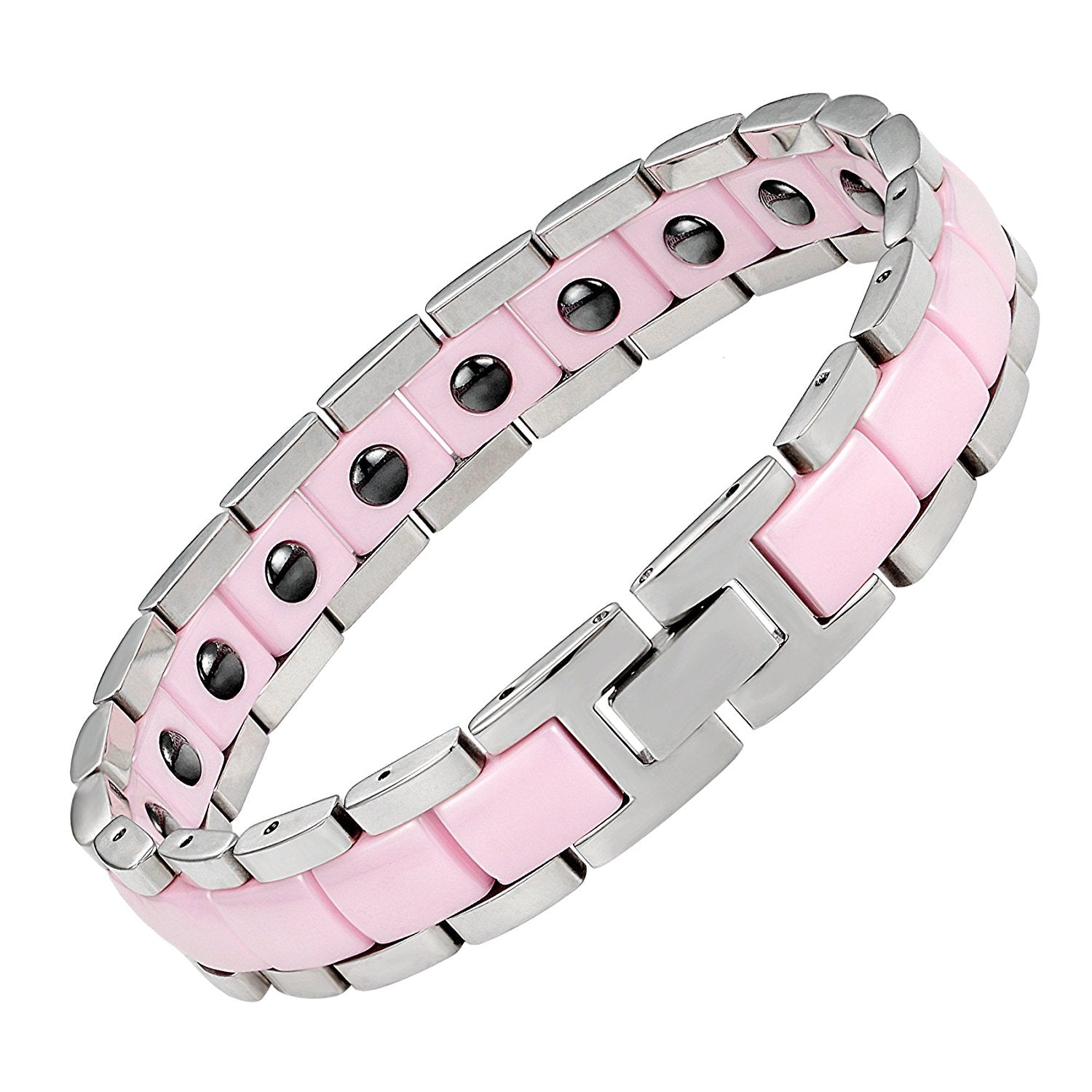 Urban Jewelry Women's 316 Stainless Steel and Ceramic Link Bracelet Easy to Slip on (Silver, Pink, 7.85 inches)