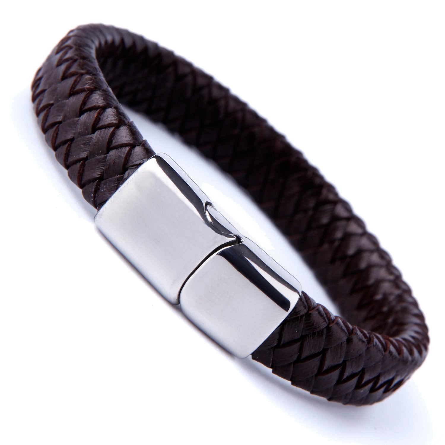 Urban Jewelry Men's Deep Brown Braided Genuine Leather Cuff Bracelet with Elegant 316L Stainless Steel Clasp