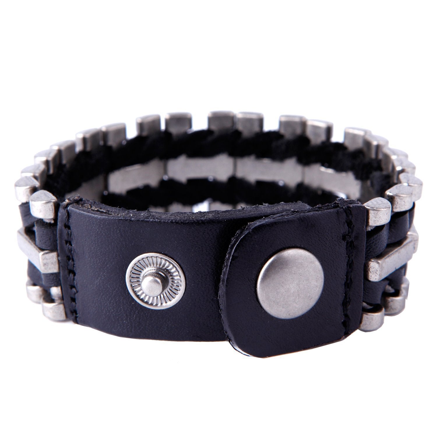 Urban Jewelry Unusual Genuine Leather & Metal Cuff Men's Bracelet by (Black, Silver)