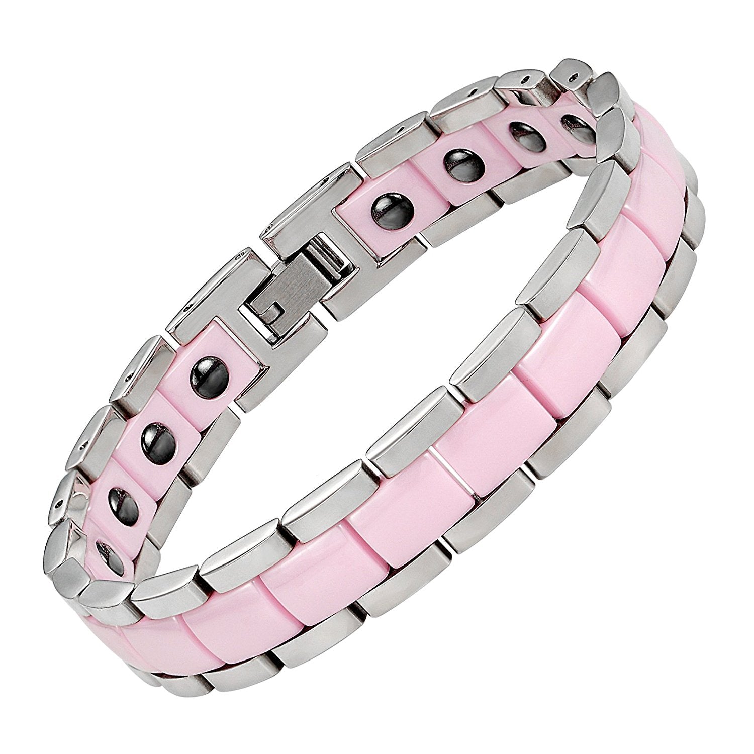 Urban Jewelry Women's 316 Stainless Steel and Ceramic Link Bracelet Easy to Slip on (Silver, Pink, 7.85 inches)