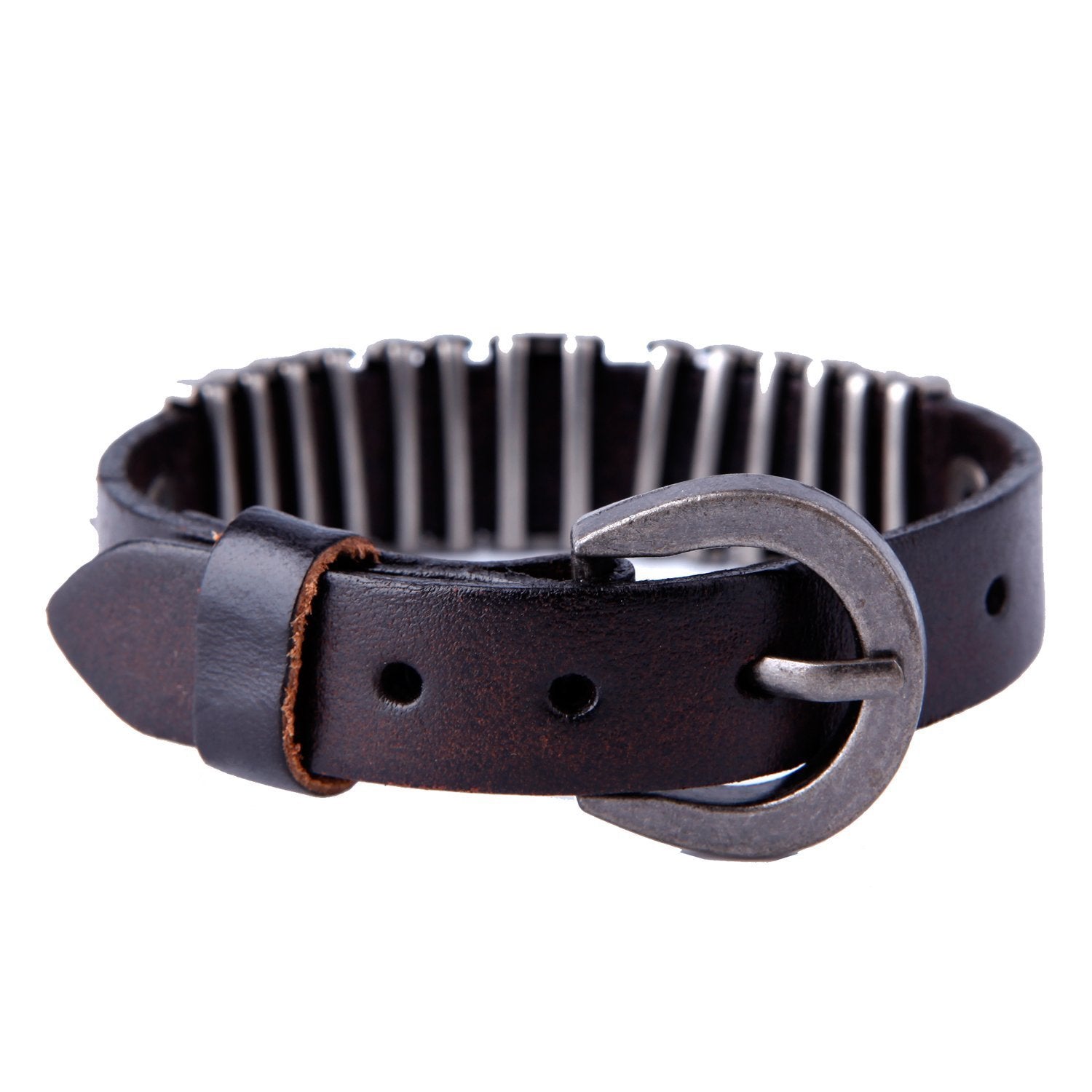 Urban Jewelry Powerful Dark Brown Leather Cuff Bracelet with Metal Design and Buckle Clasp (Adjustable)