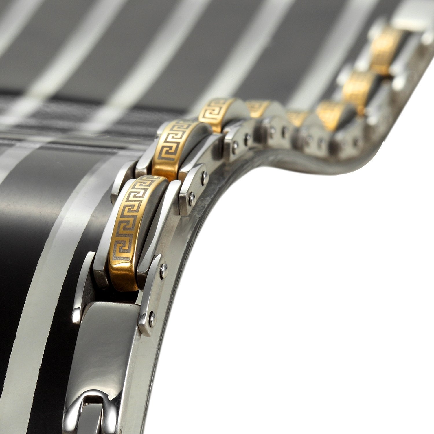 Industrial Greek Pattern 316L Stainless Steel Link Cuff Bracelet for Men (Gold, Silver)