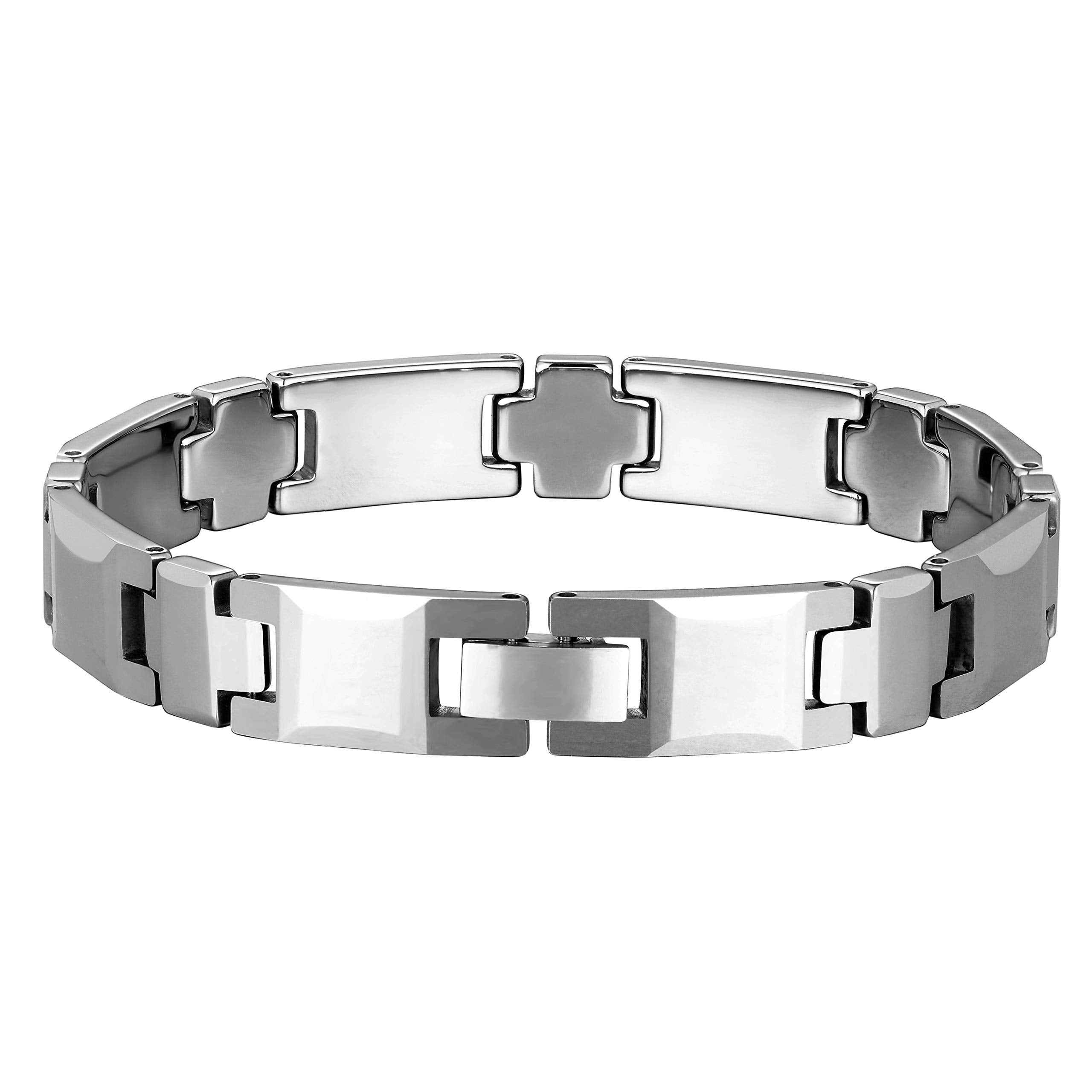 Classy Men’s Bracelet – Interlocking Track Links – Box Chain Rectangular Geometric Design – Polished Silver Color – Scratch & Tarnish Resistant Tungsten – Jewelry Gift or Accessory for Men