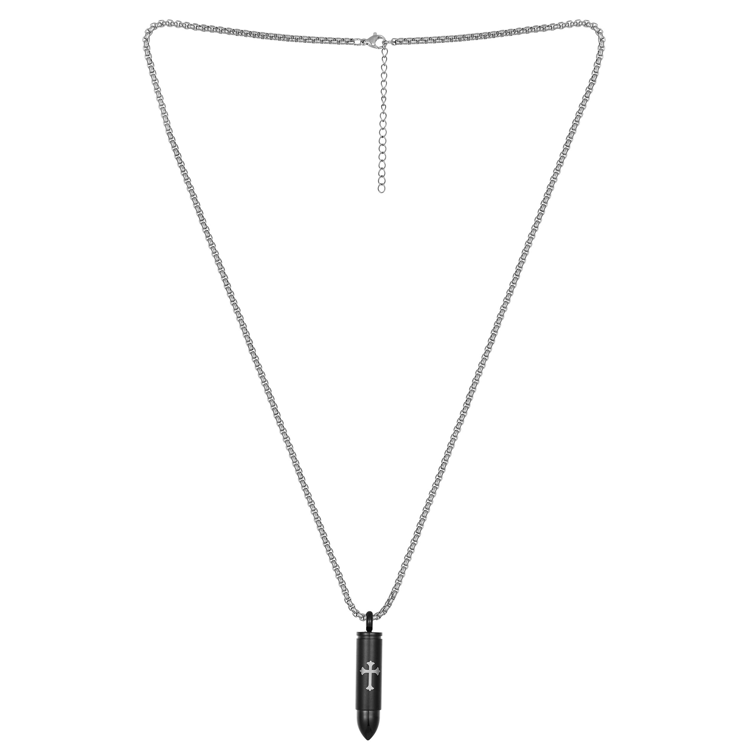 Urban Jewelry Striking Men’s Bullet Locket Necklace – Detailed with The Lord’s Cross in a Polished Gold, Silver or Black Finish – Rust & Discoloration Resistant Stainless Steel Pendant and Chain