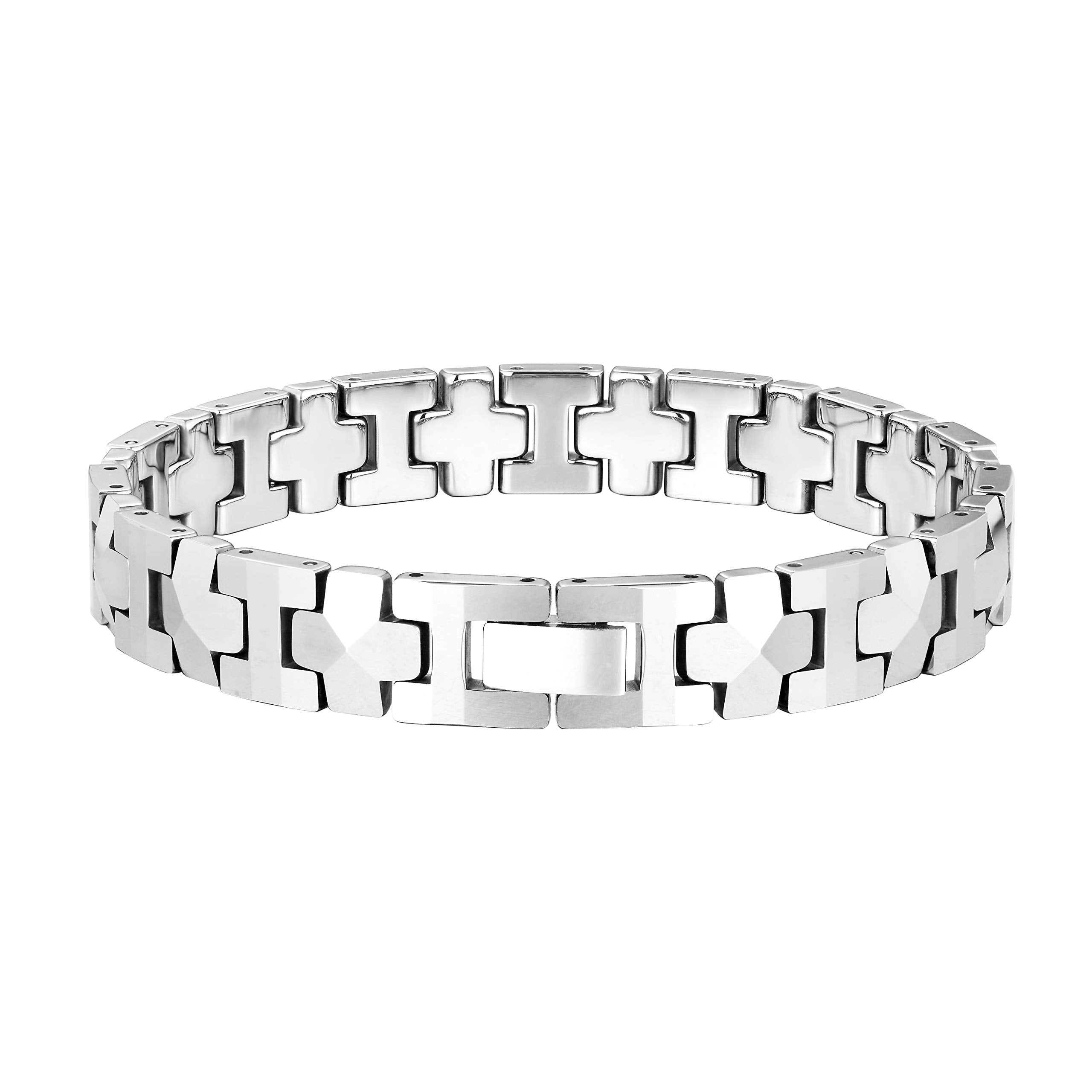 Mesmerizing Men’s Bracelet – Interlocking Track Links with Beveled Geometric Pattern – Polished Silver Finish – Scratch & Tarnish Resistant Tungsten – Jewelry Gift or Accessory for Men