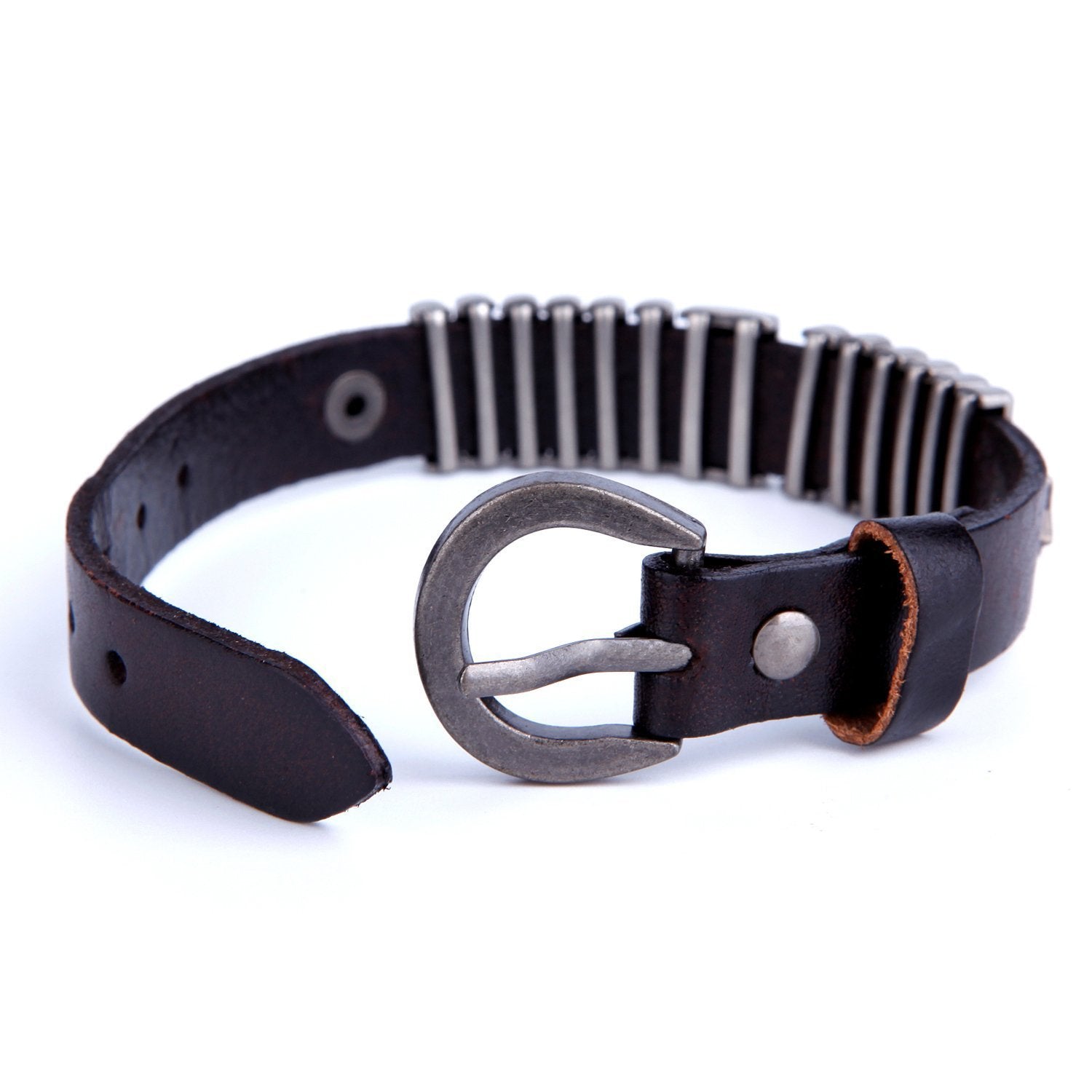 Urban Jewelry Powerful Dark Brown Leather Cuff Bracelet with Metal Design and Buckle Clasp (Adjustable)
