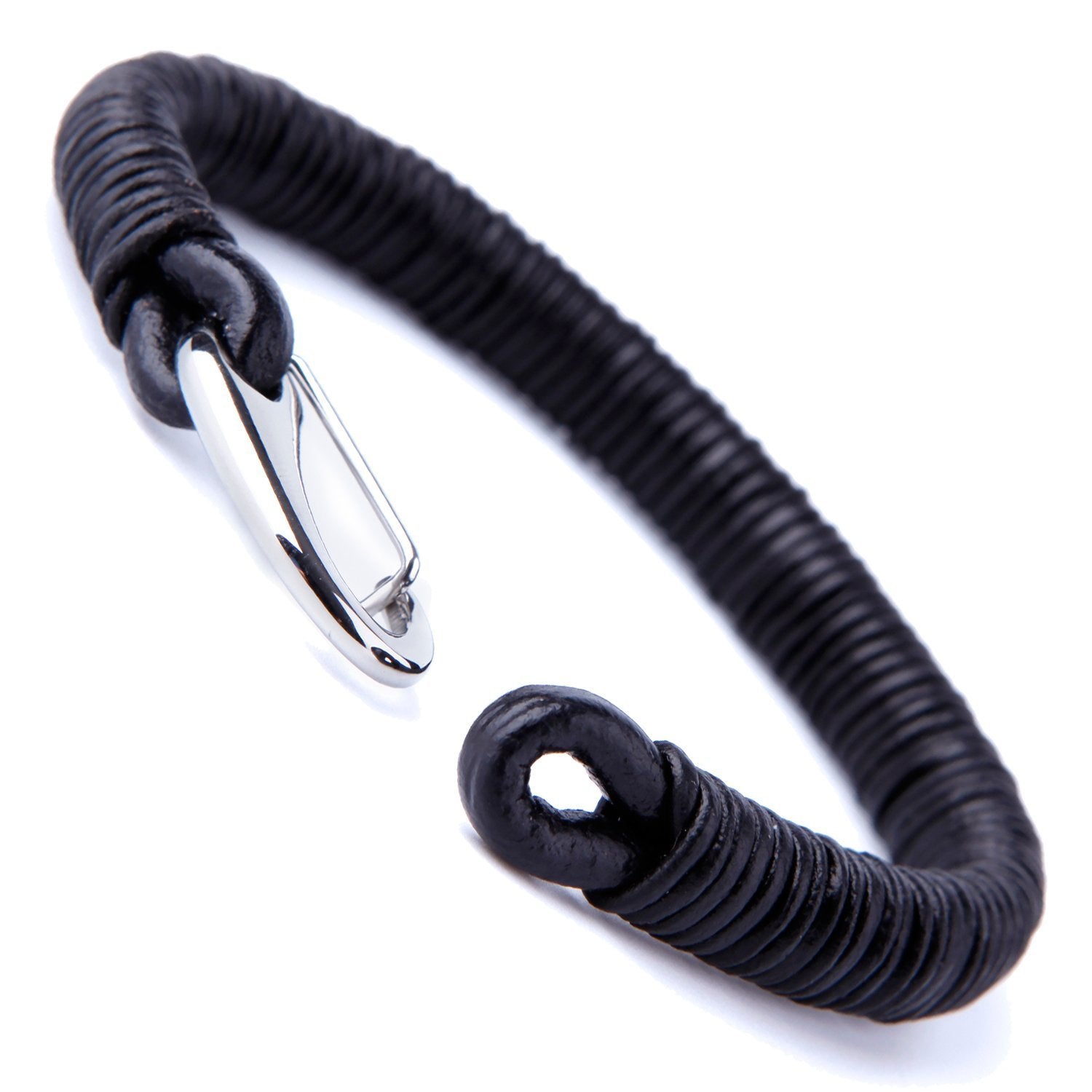 Urban Jewelry Impressive Men's Black Cord Loops Genuine Leather Cuff Bracelet with Stainless Steel Clasp