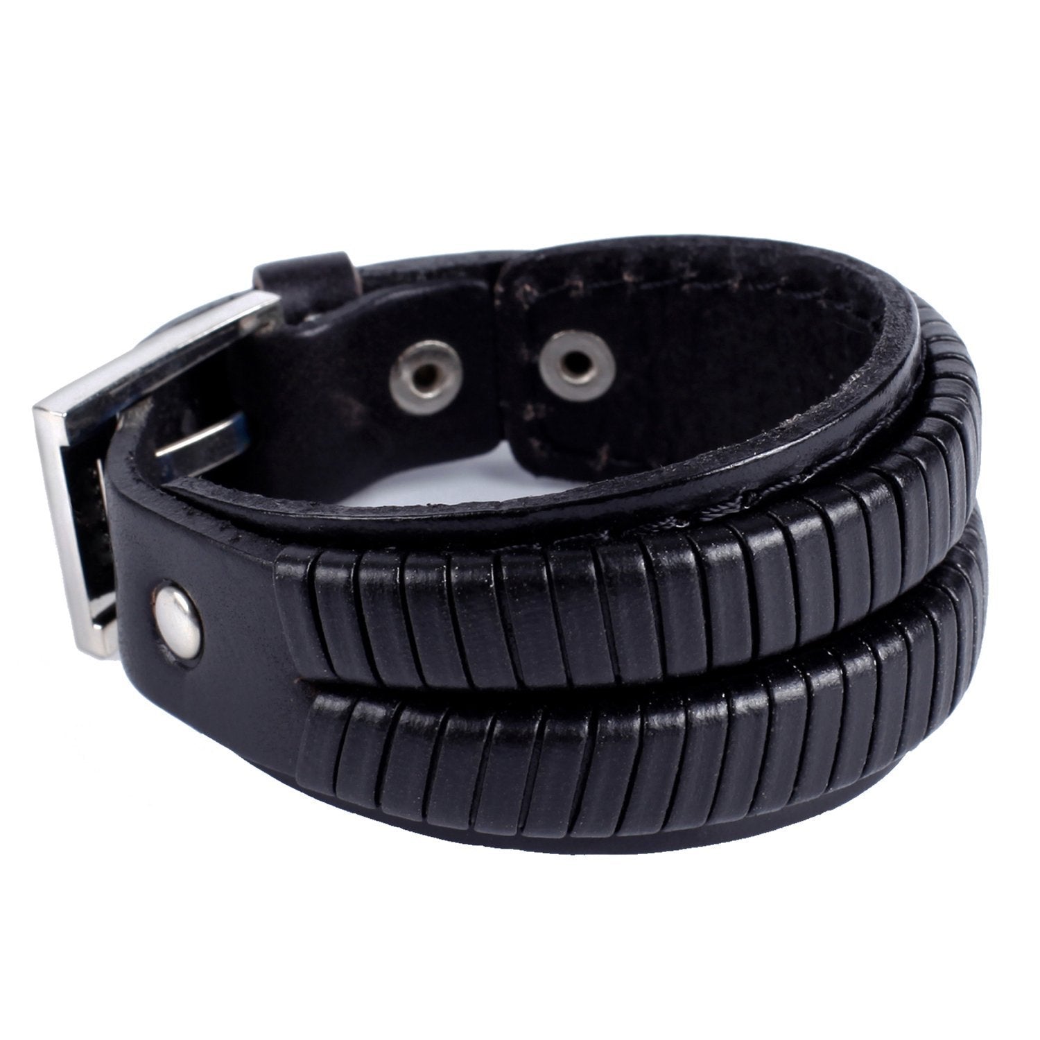 Urban Jewelry Elegant Coal Black Cuff Genuine Leather Bracelet for Men (Metal Buckle Clasp)