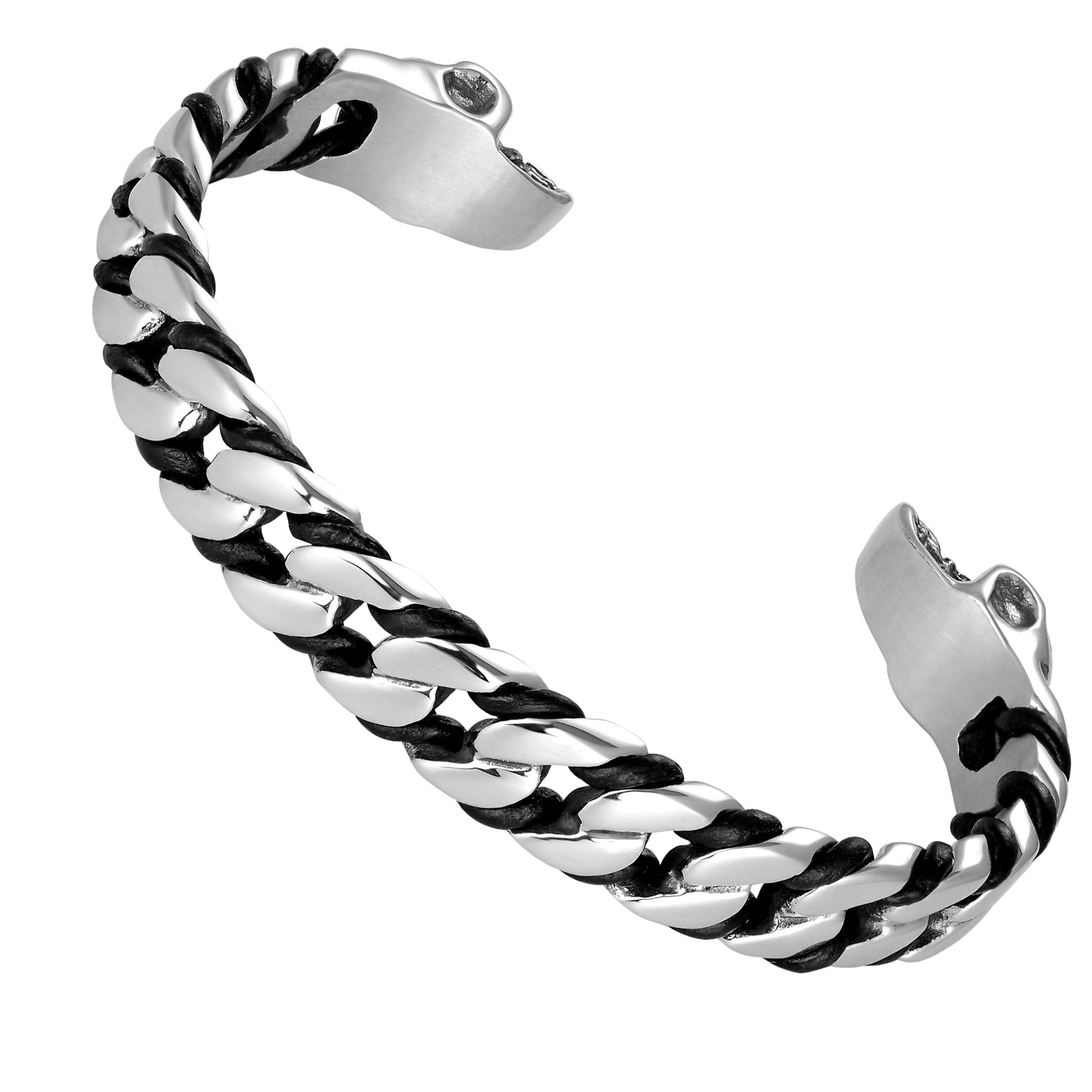 Bold Men’s Biker Bracelet – Death’s Skull Design in a Polished Silver Finish Band – Rust & Discoloration Resistant Stainless Steel with Black Genuine Leather Detail– Jewelry Gift for Men