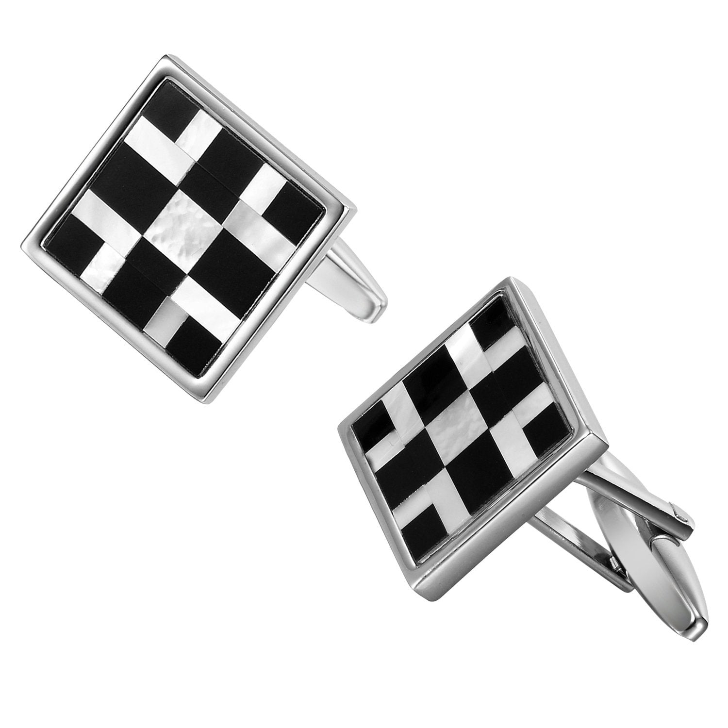 Urban Jewelry Abstract 316L Stainless Steel, Onyx & Real Shell Men's Cufflinks (Black, White, Silver)