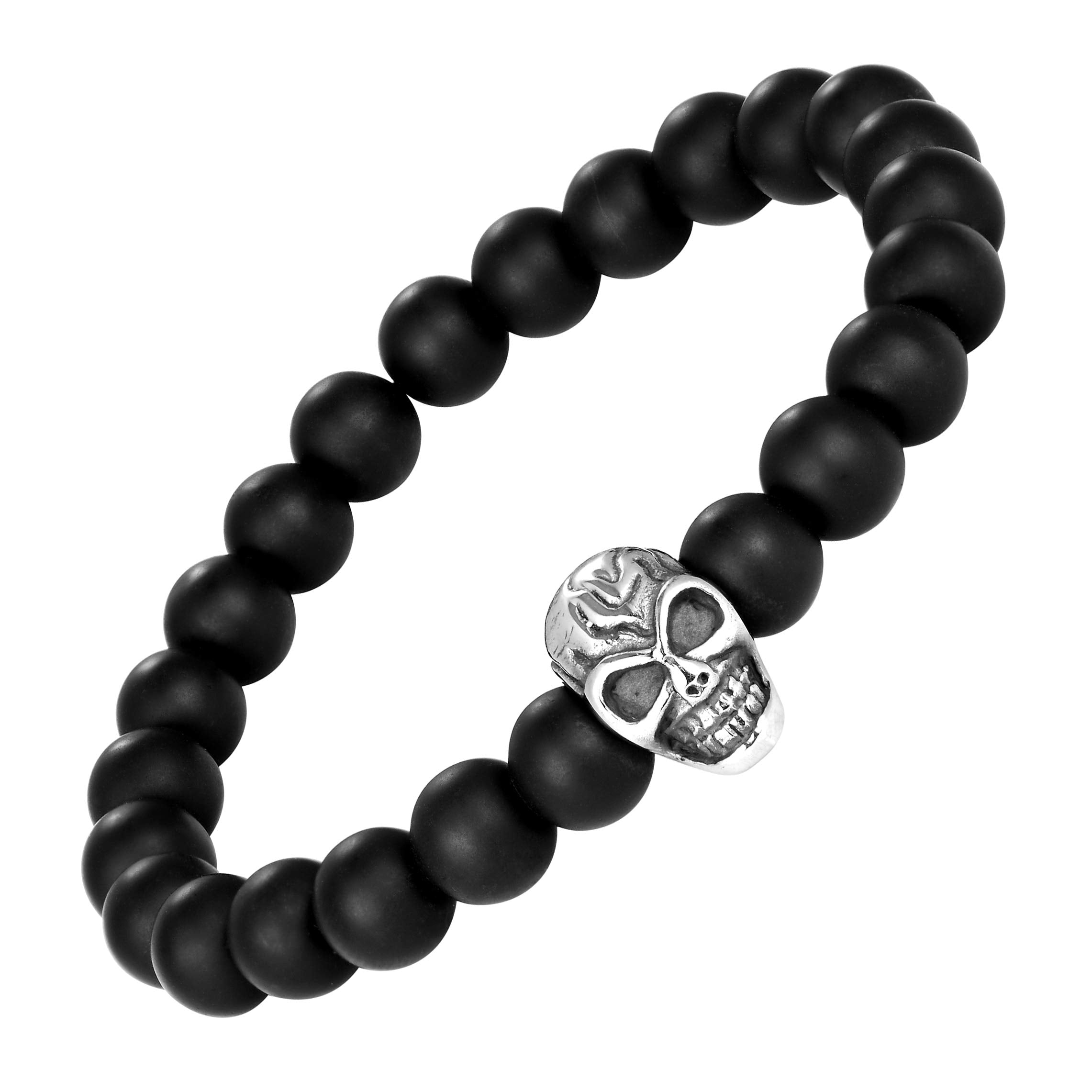 Contemporary Men’s Bracelet – Black Beads with Silver Color Mayan Skull Charm – Made of Glass & Polished Stainless Steel – Jewelry Gift or Accessory for Men