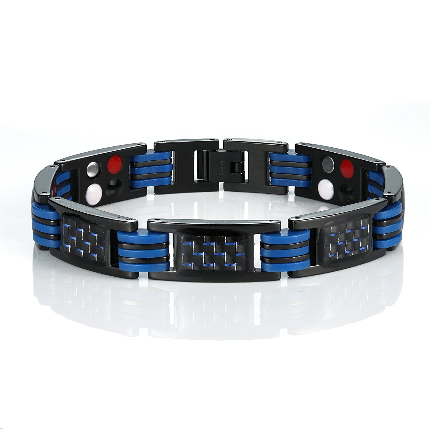 Urban Jewelry Men's Titanium Magnetic Link Bangle Bracelet with Carbon Fiber 8.66 inch (Black and Blue)
